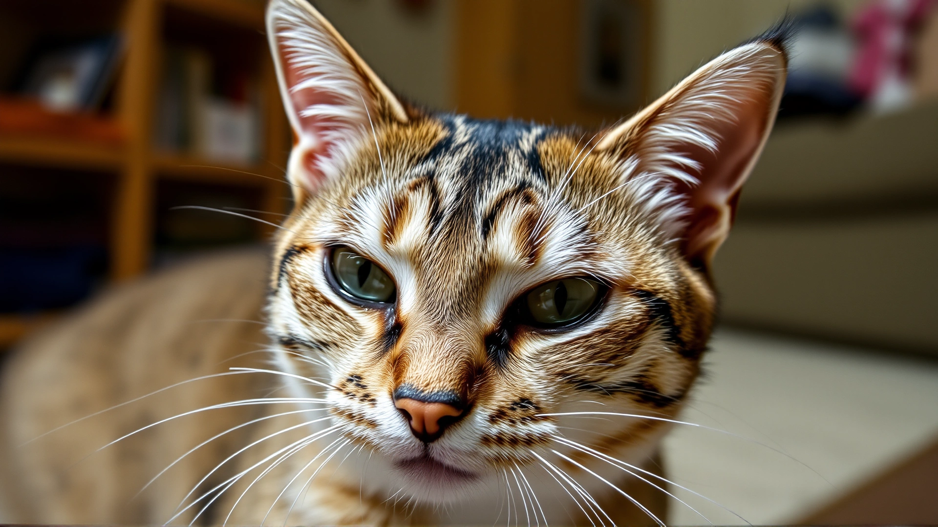 A close-up of a cat showing mildly defensive body language with slightly flattened ears and dilated pupils, captured in a safe indoor environment