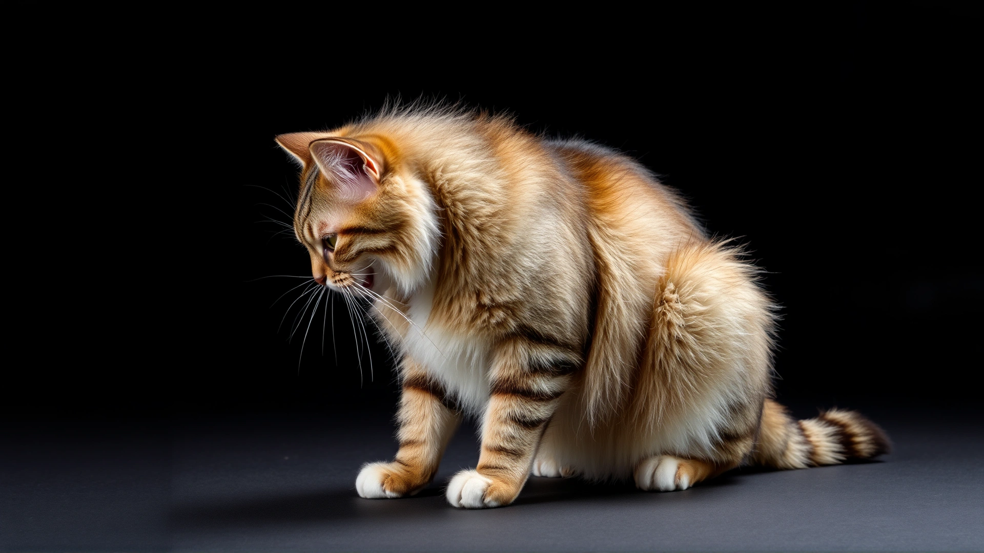 Hissing tabby cat with arched back and puffed fur, dark neutral background emphasizing defensive posture