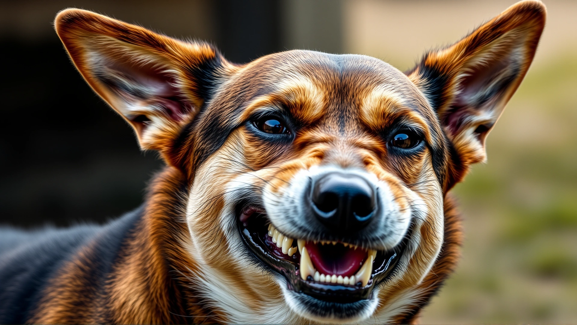 A dog displaying aggressive body language: stiff posture, ears forward, lips curled, and teeth fully exposed