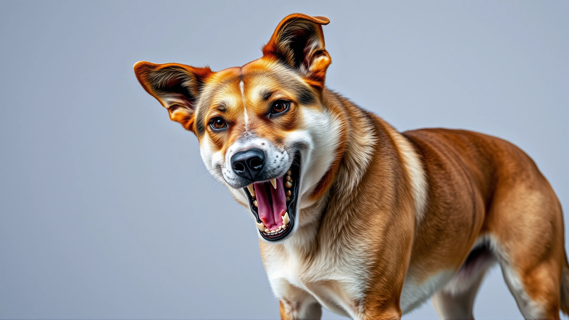 A medium-sized dog in a controlled environment displaying an aggressive stance with raised hackles and bared teeth, neutral background, sharp focus.