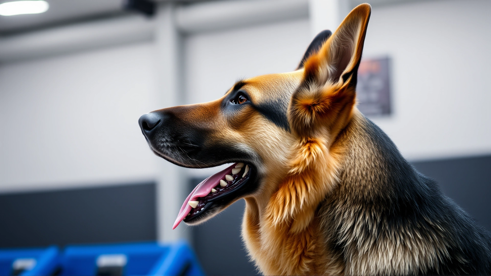 Side profile shot of a German shepherd with raised hackles, showing teeth in a controlled environment, shallow depth of field, no people visible.