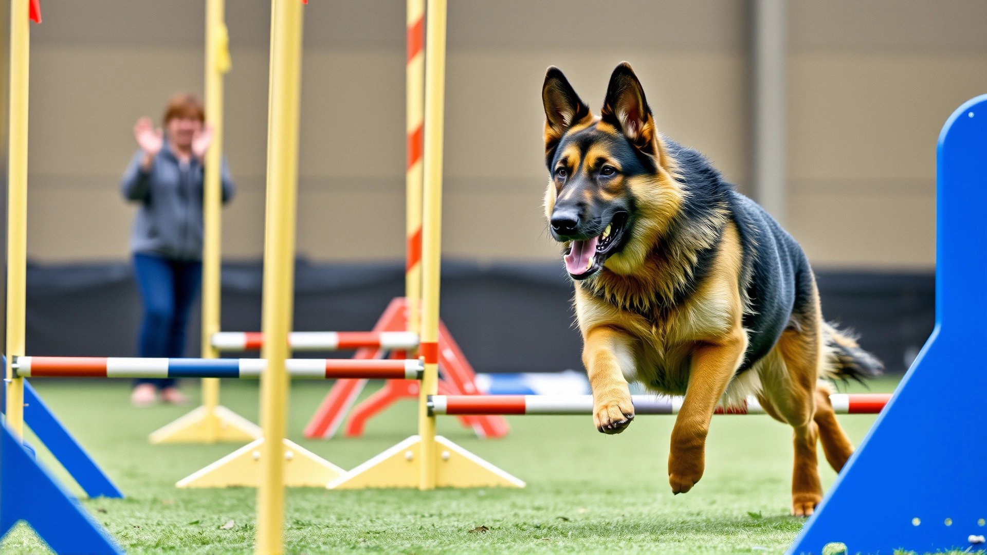 German shepherd navigating an advanced agility course with high ramps and tight weave poles, handler cheering nearby.