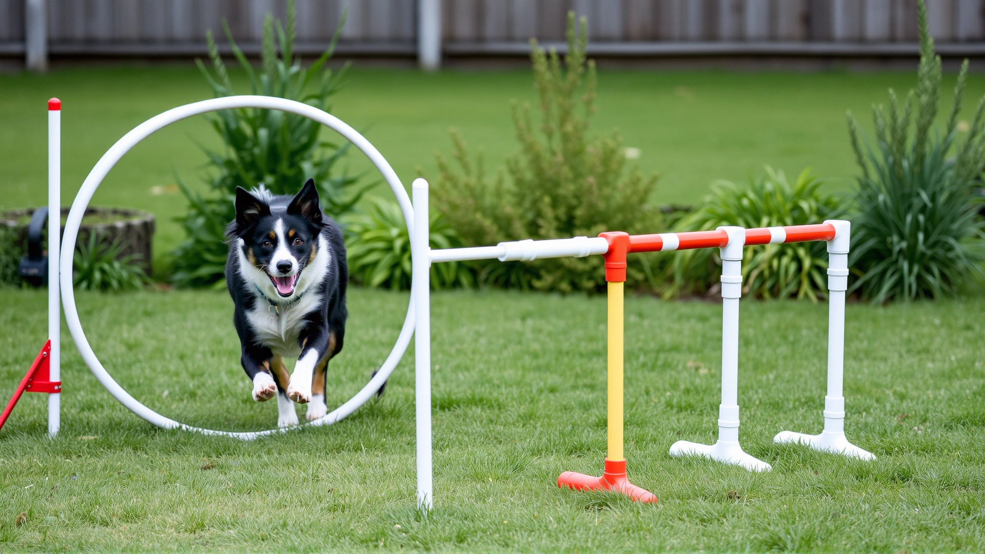 Homemade dog agility course set up in a yard: hula-hoop tunnel, small jump bars, and weave poles made of PVC pipes, cheerful border collie running through.