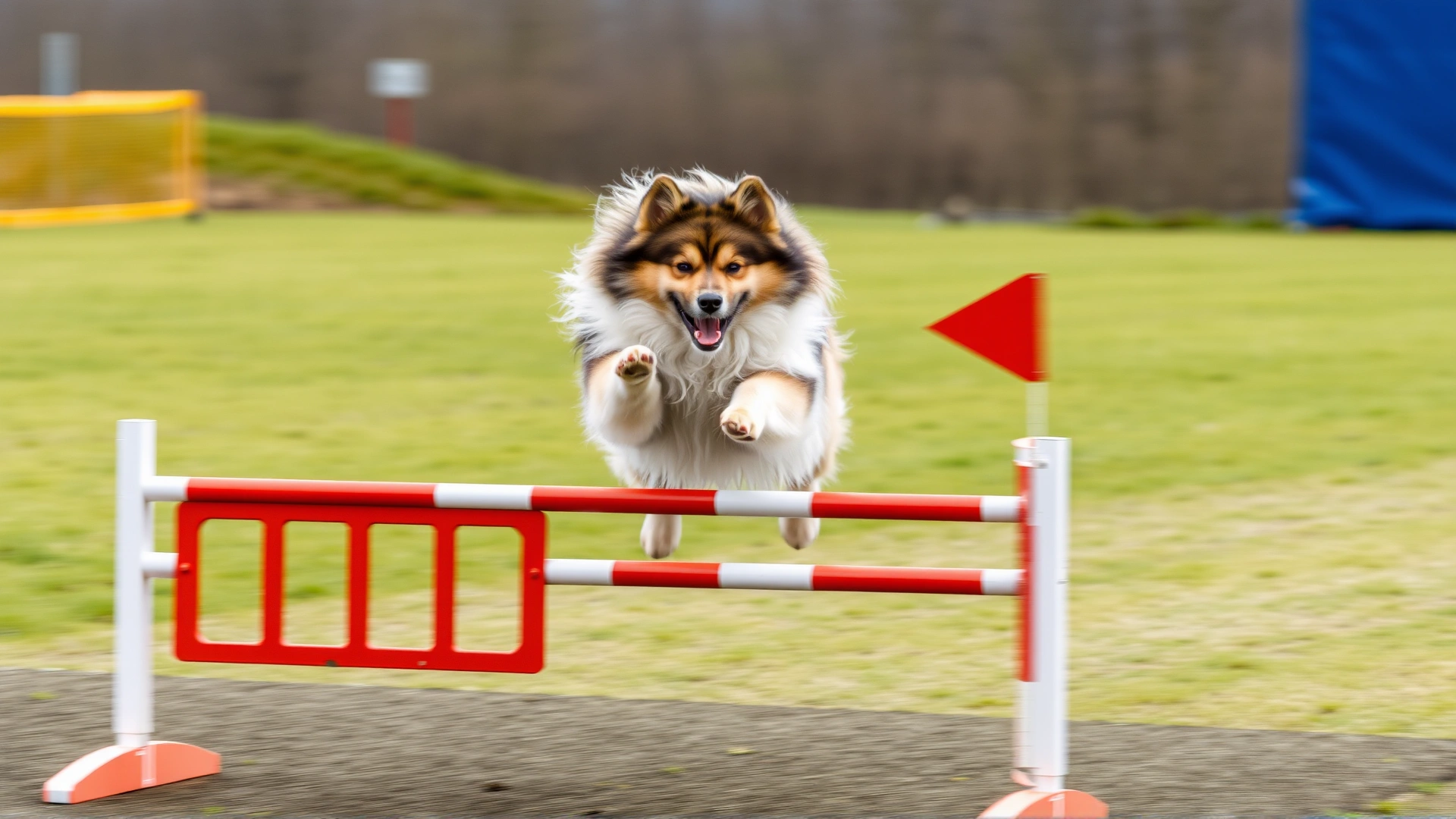 Finnish Lapphund mid-jump over an agility hurdle on a training field, motion blur, no text