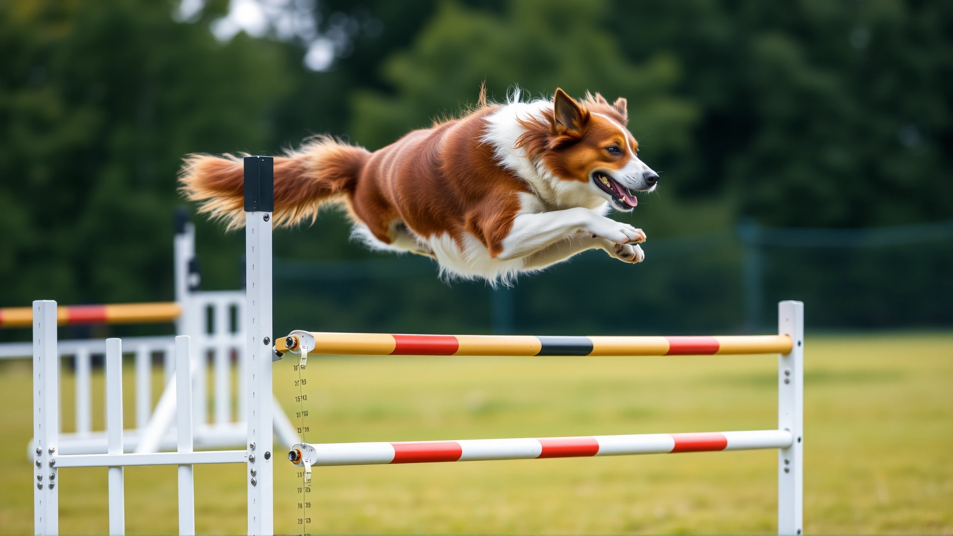 Brown and white Border Collie mid-air jumping over an agility hurdle on an outdoor course, action shot, crisp focus