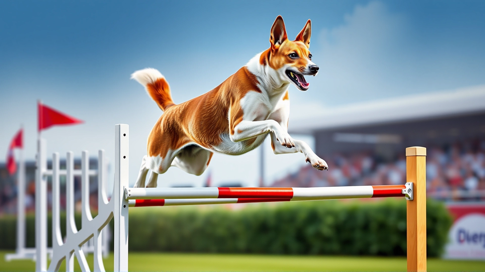 A Basenji mid-air jumping over an agility hurdle on a competition course, illustrating speed and concentration.