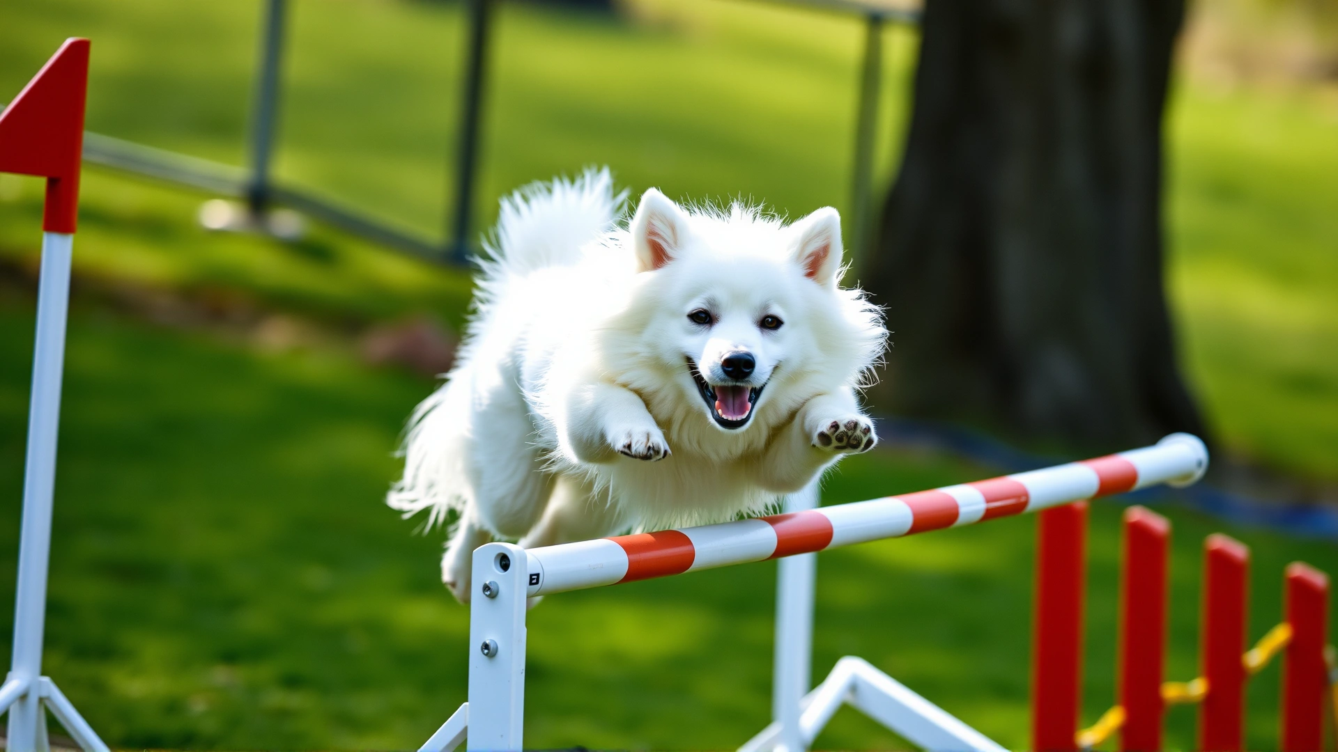 Action shot of an American Eskimo Dog leaping over an agility hurdle on a course, ears perked and eyes focused, with vibrant outdoor lighting.