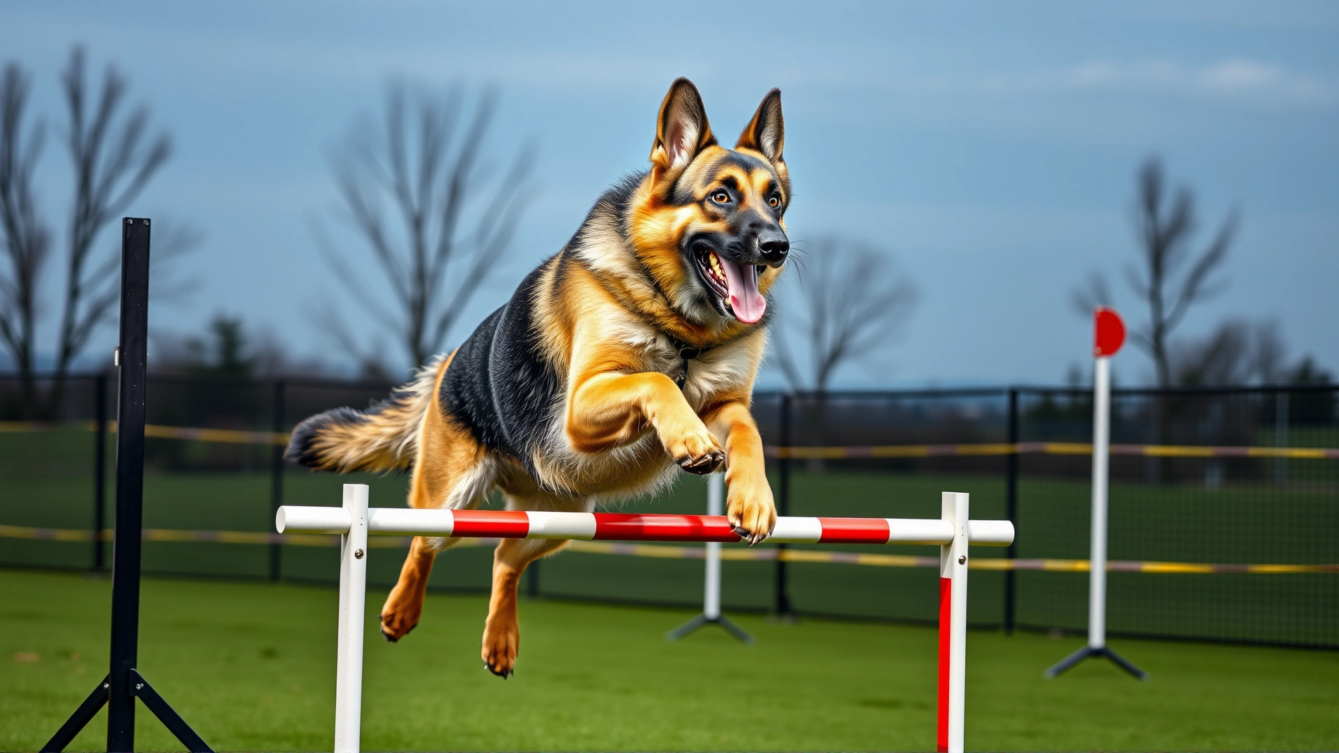 German Shepherd mid-jump over an agility hurdle on a professional training course, action shot