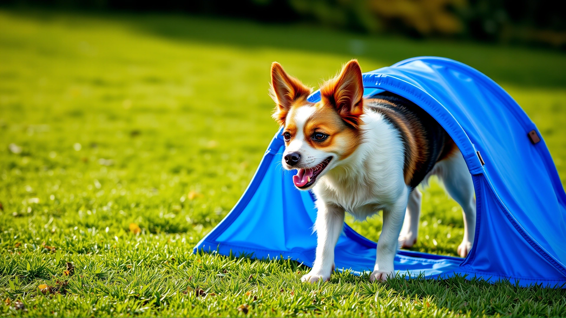 A small dog confidently entering a bright blue agility tunnel set up on the grass