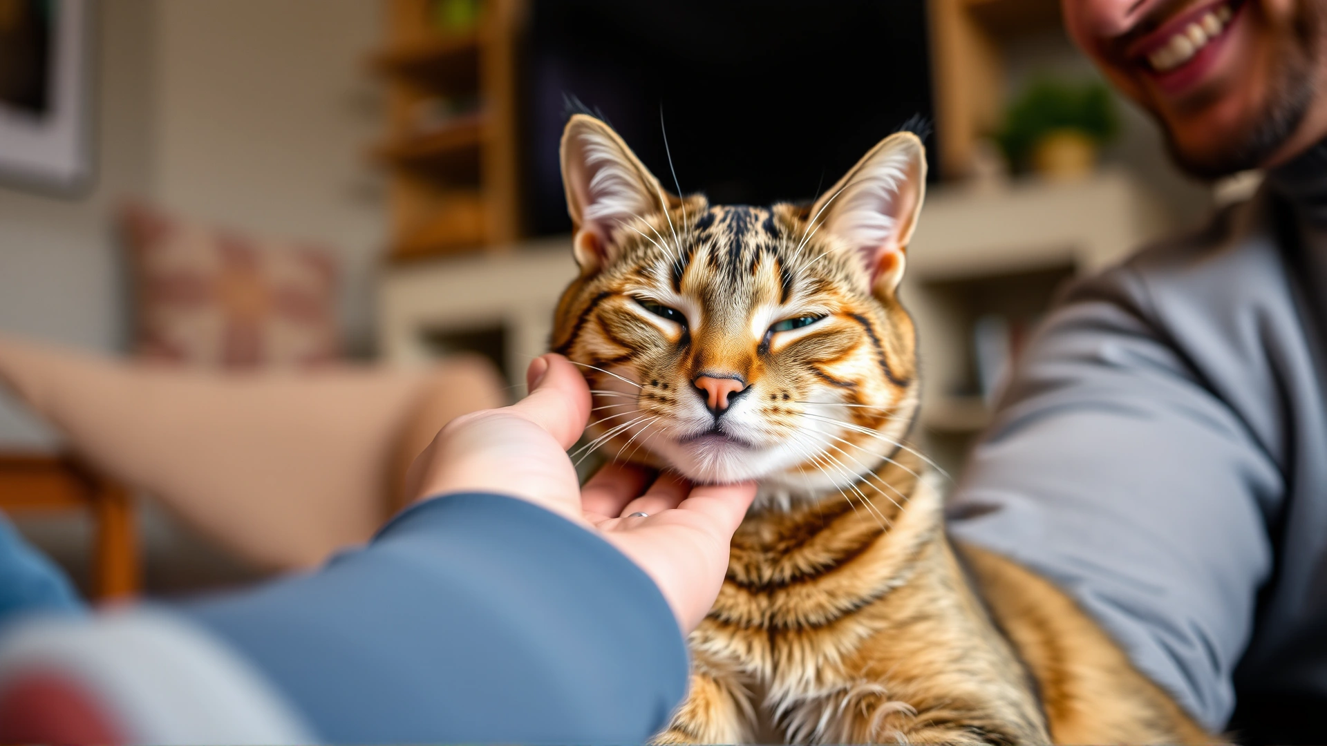 Friendly cat rubbing its head against a smiling owner’s hand, cozy living room ambiance
