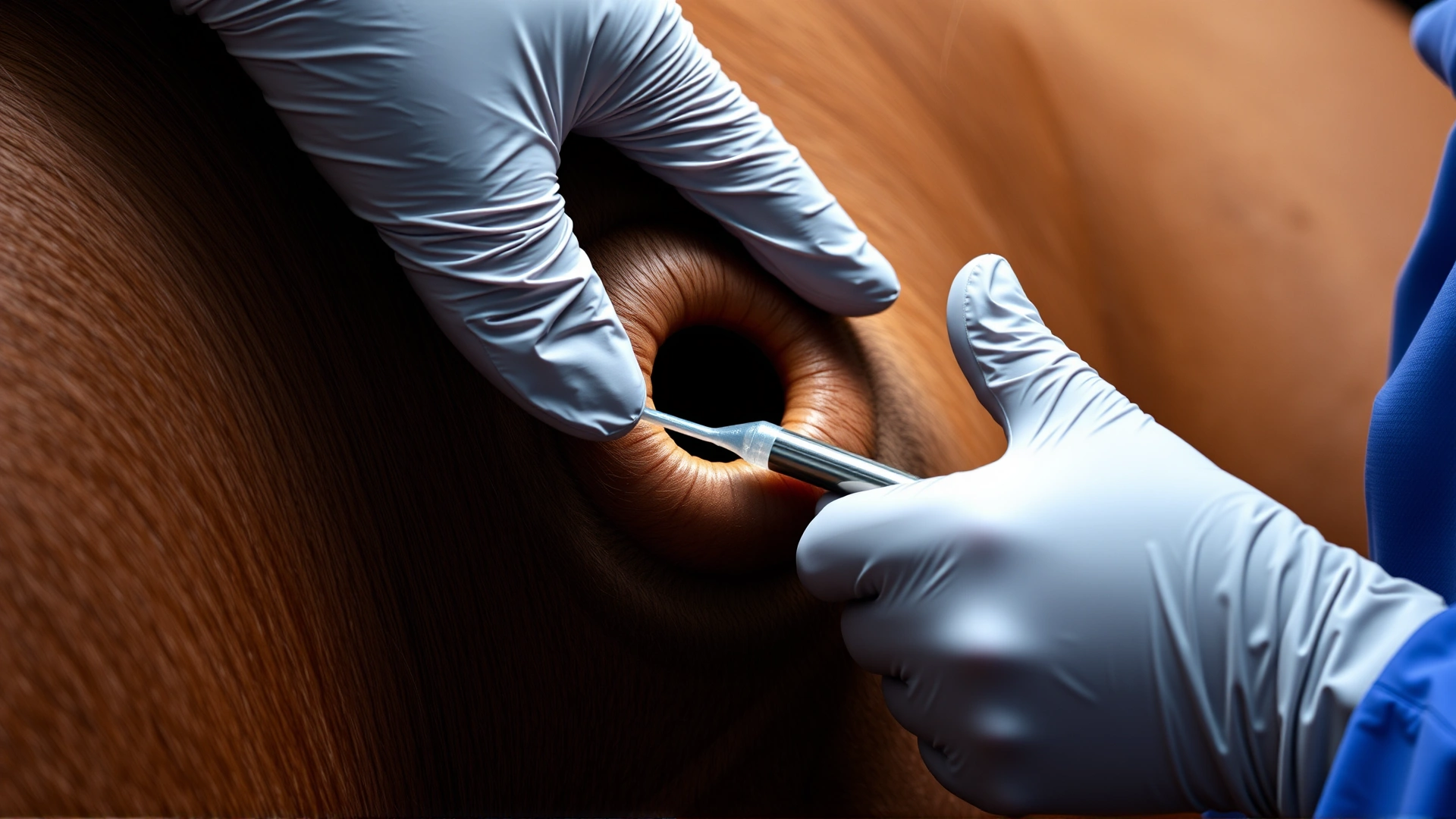 Close-up of a gloved veterinarian inserting an insemination catheter into a sedated mare's cervix, handler holding the mare, focus on the sterile procedure