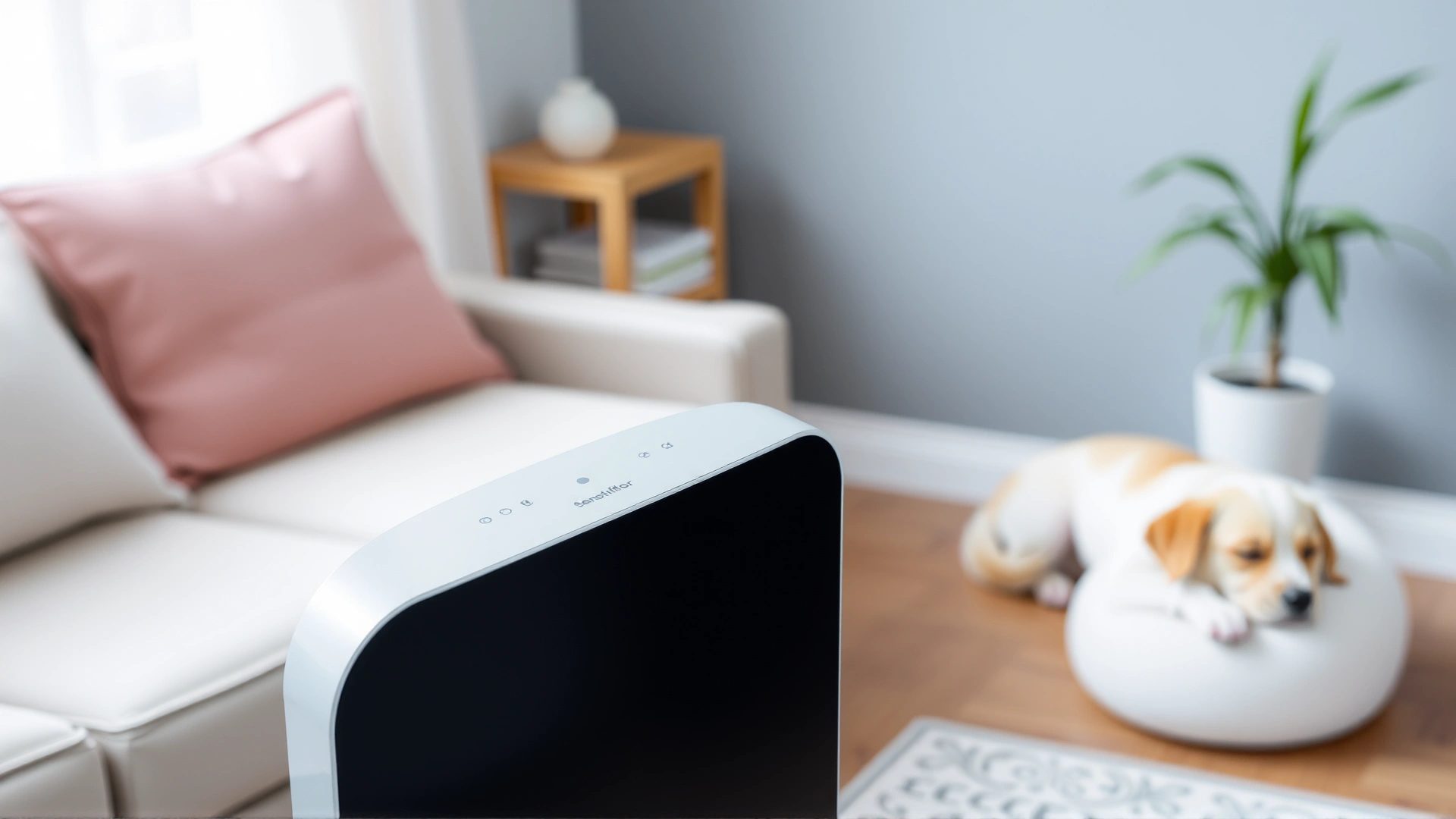 Sleek air purifier with carbon filter operating in a living room; a dog is sleeping contently in the background.