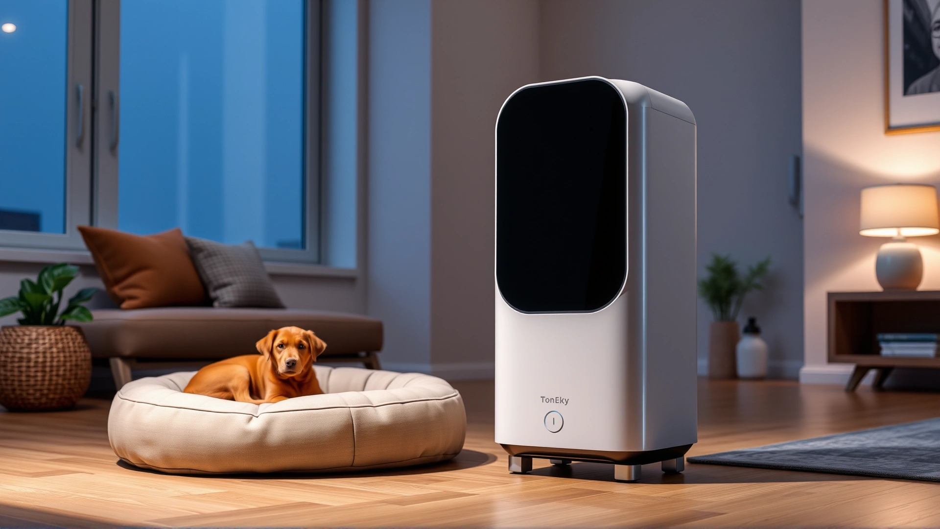 Modern air purifier placed near a pet bed in a contemporary living room.