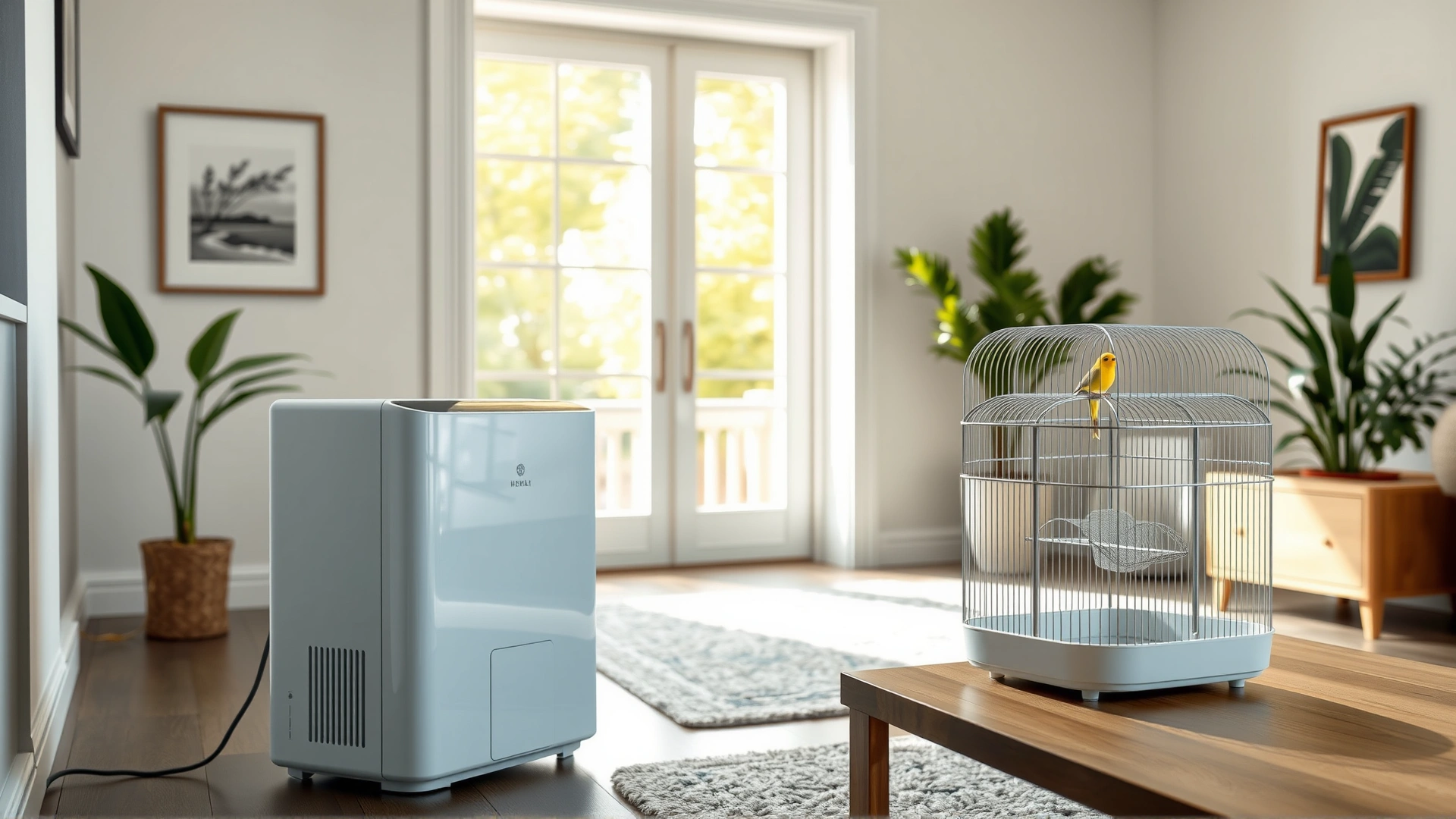 Sleek HEPA air purifier placed beside a clean bird cage in a tidy living room, soft daylight entering through window