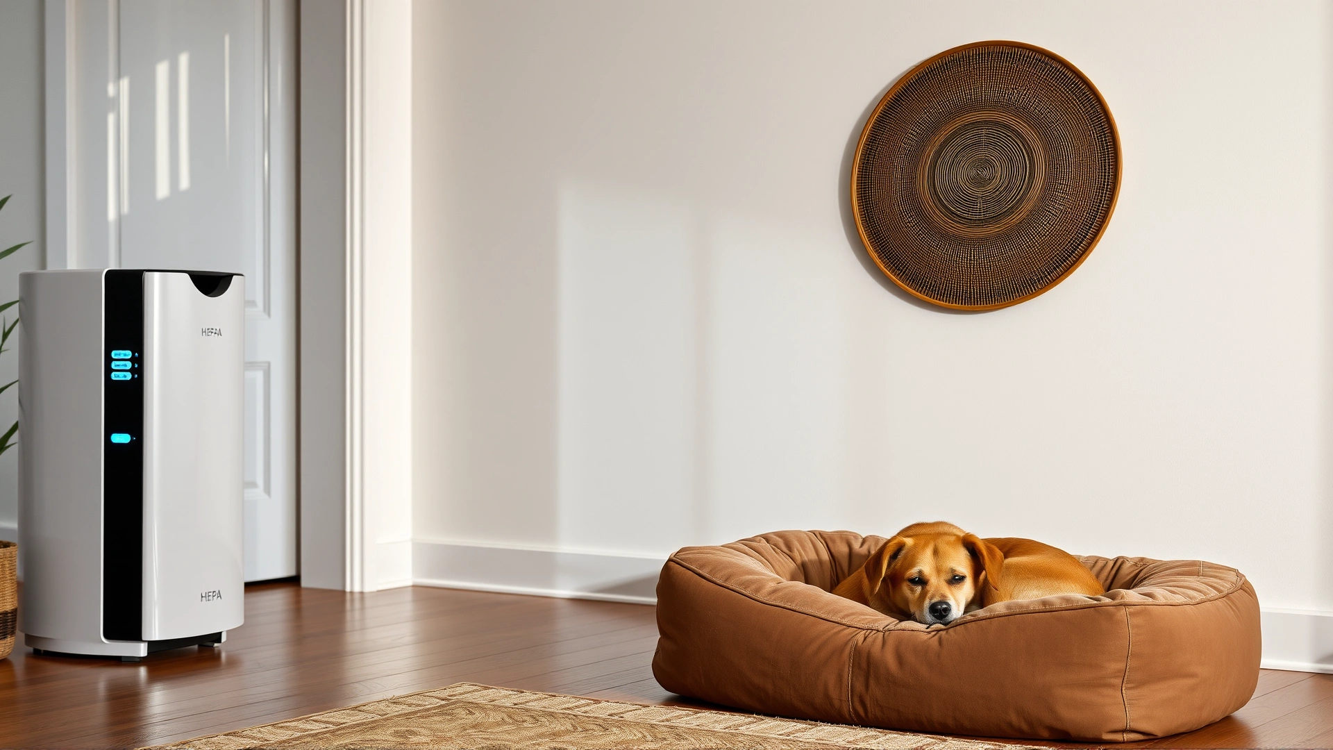 Bright living room with a HEPA air purifier next to dog bed; a short-haired dog resting peacefully; no text.