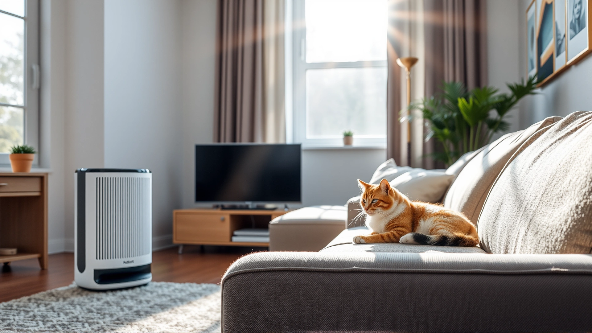 Modern living room with a visible air purifier next to a relaxed cat on a sofa, sunlight streaming through window, clean airy atmosphere, realistic photo.