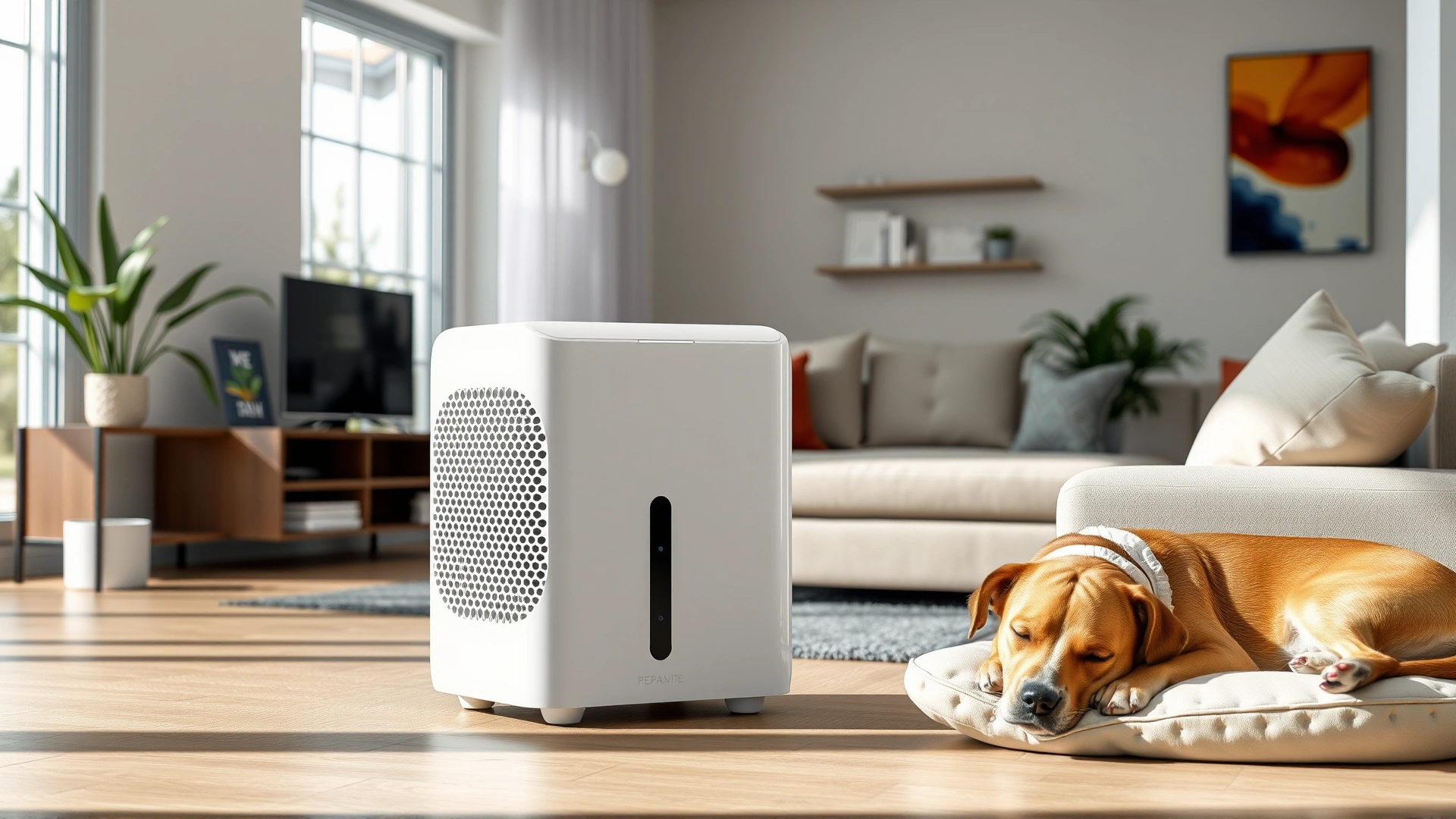 Stylish white HEPA air purifier running in a bright living room; a dog sleeping nearby on a cushion; no text.