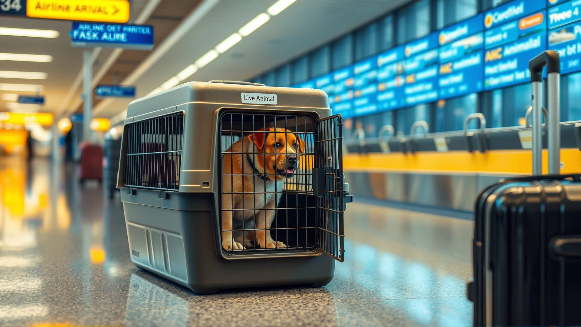 An airline-approved pet crate labeled 
