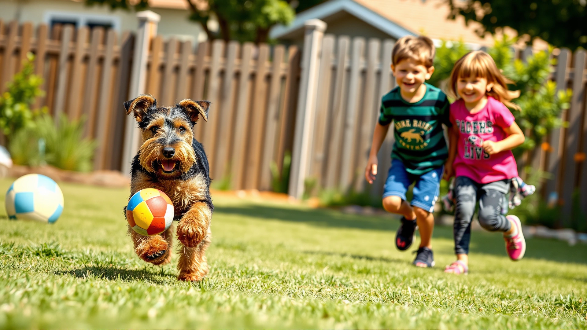 A playful Airedale Terrier running after a colorful ball with two laughing children in a sunny, fenced suburban backyard