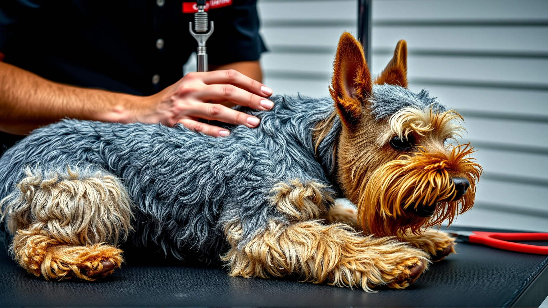 Close-up of a professional groomer hand-stripping the wiry coat of an Airedale Terrier on a grooming table