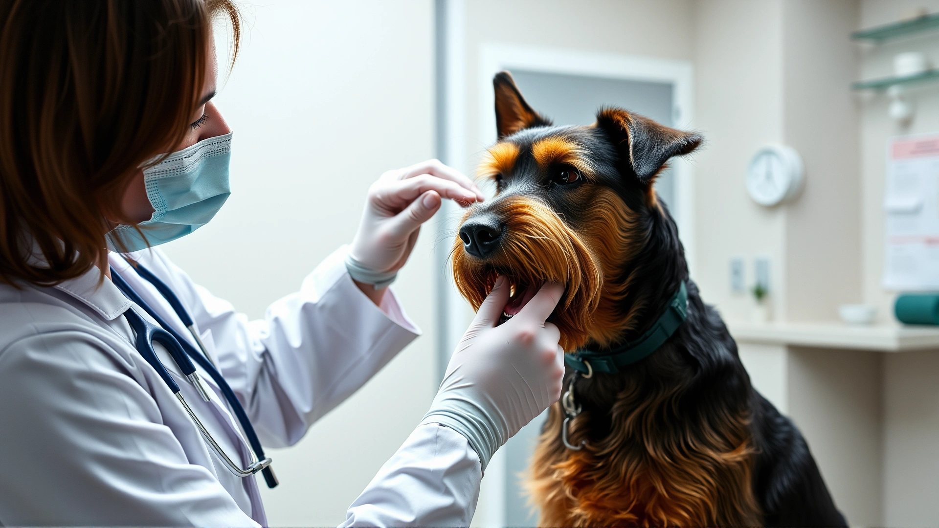 Veterinarian gently examining an Airedale Terrier’s ears inside a modern clinic exam room