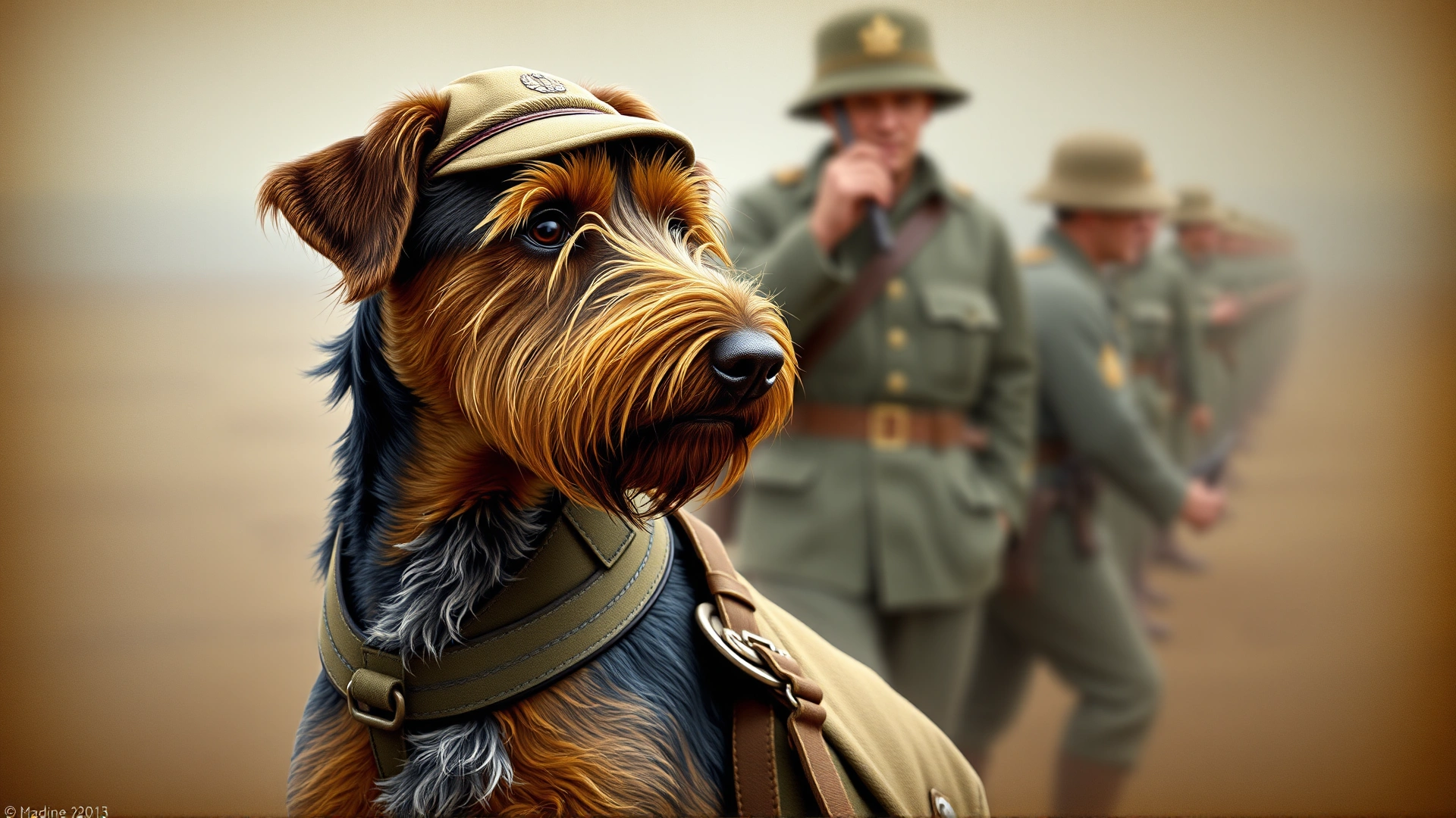 Vintage-styled illustration of an Airedale Terrier messenger dog wearing a World War I harness and satchel, with soldiers blurred in the background