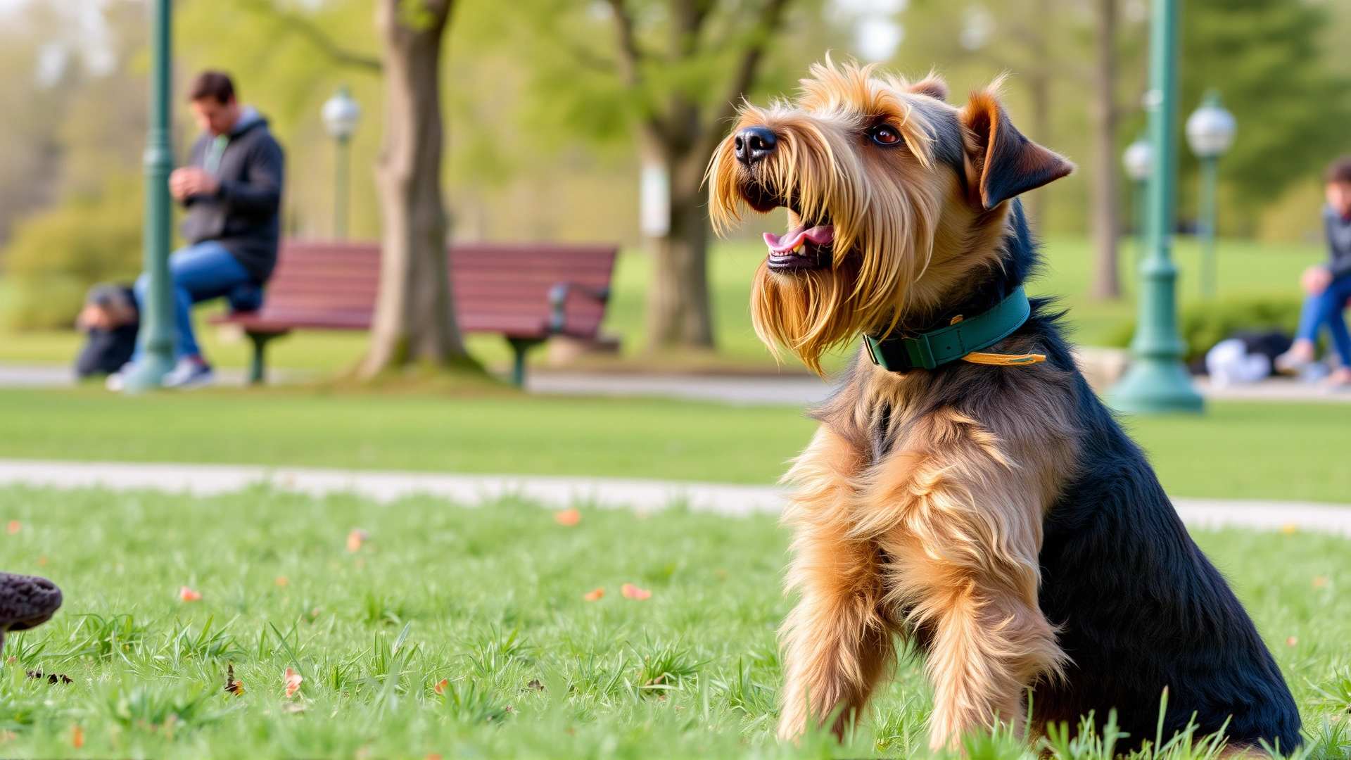 Focused Airedale Terrier performing a sit command with a trainer holding a treat in a public park