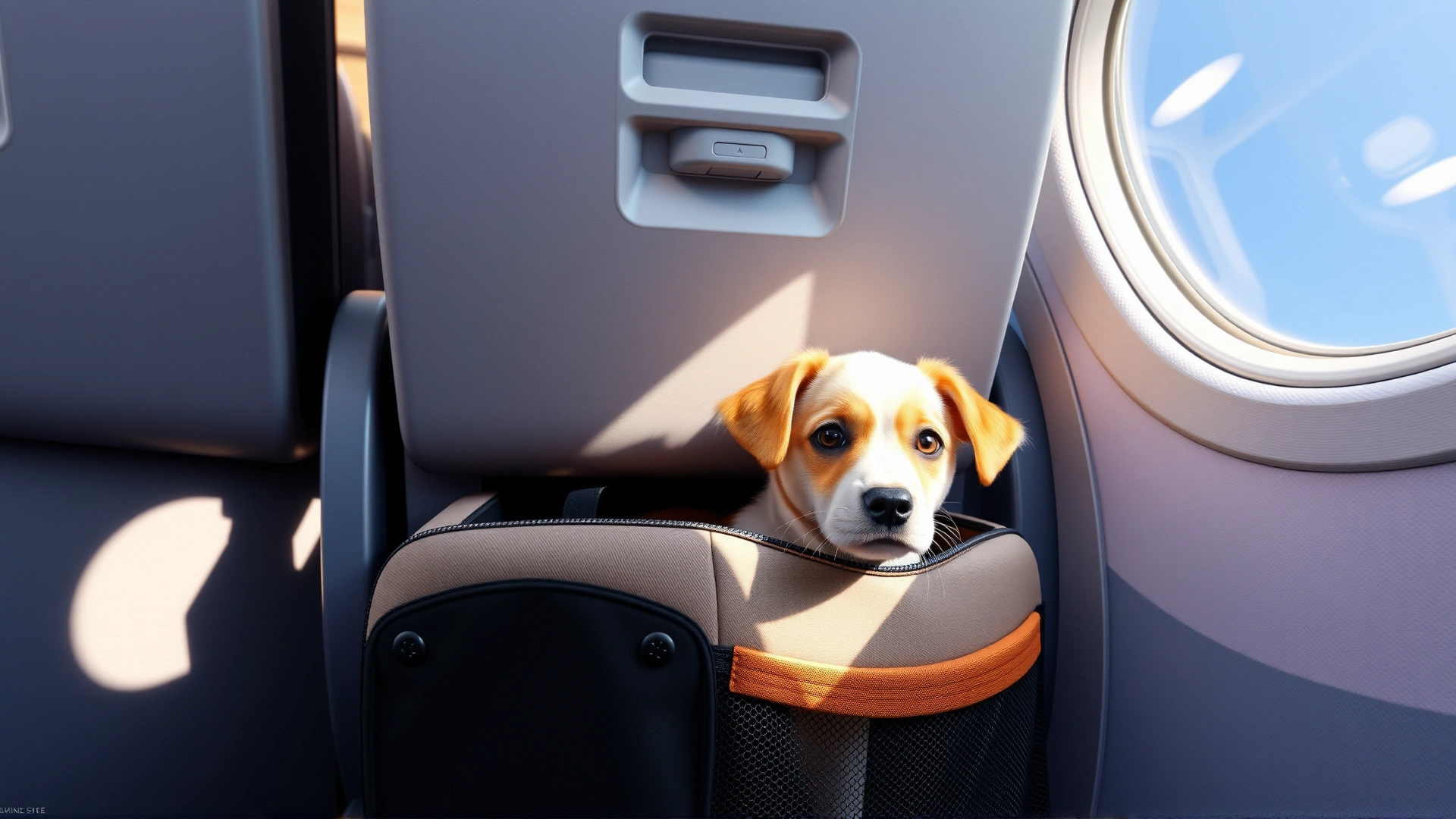 Interior airplane cabin showing a soft-sided pet carrier under the seat with an inquisitive puppy peeking out, daylight