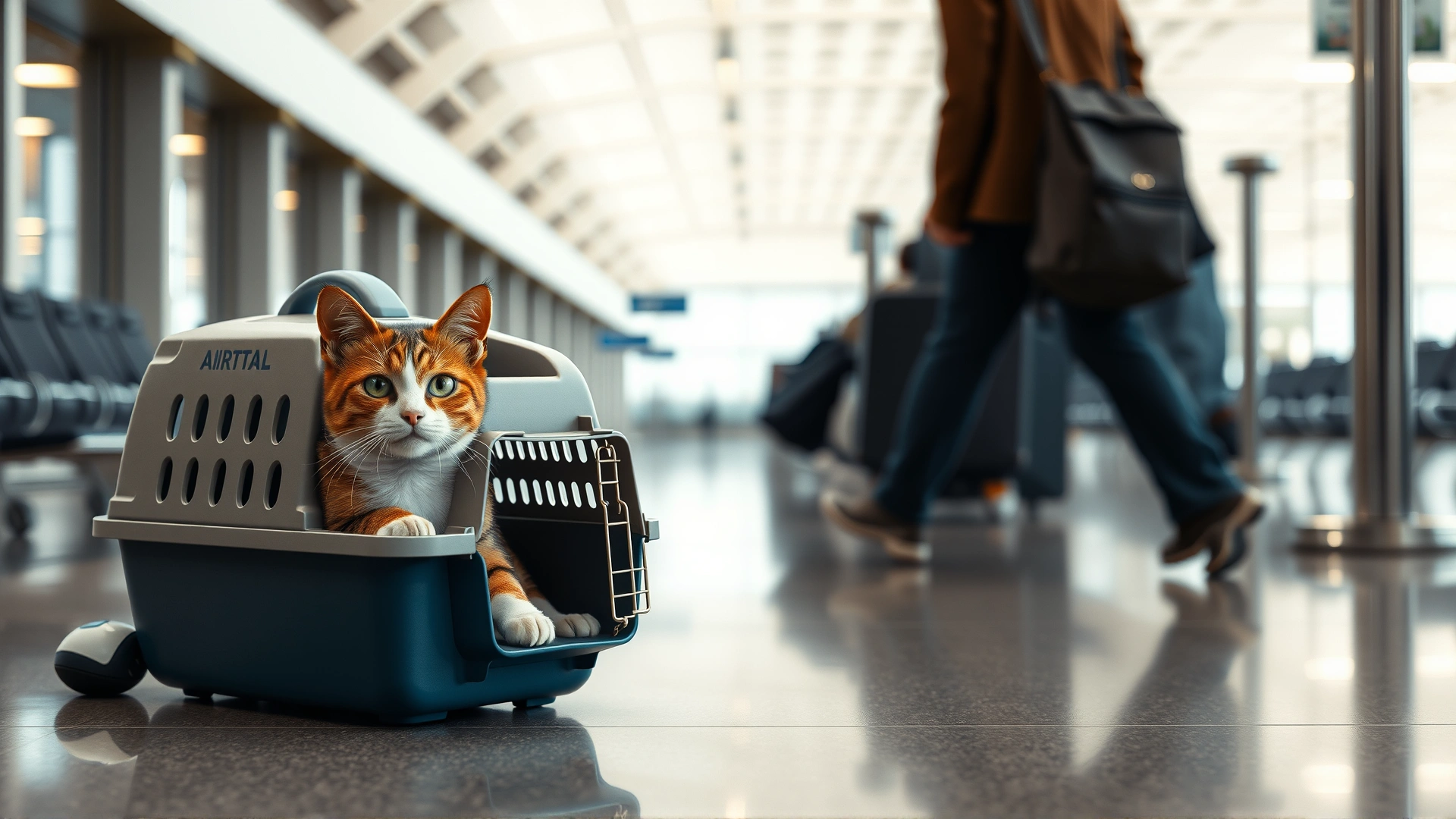 Cat in an airline-approved carrier placed on the floor of an airport terminal, ready for flight