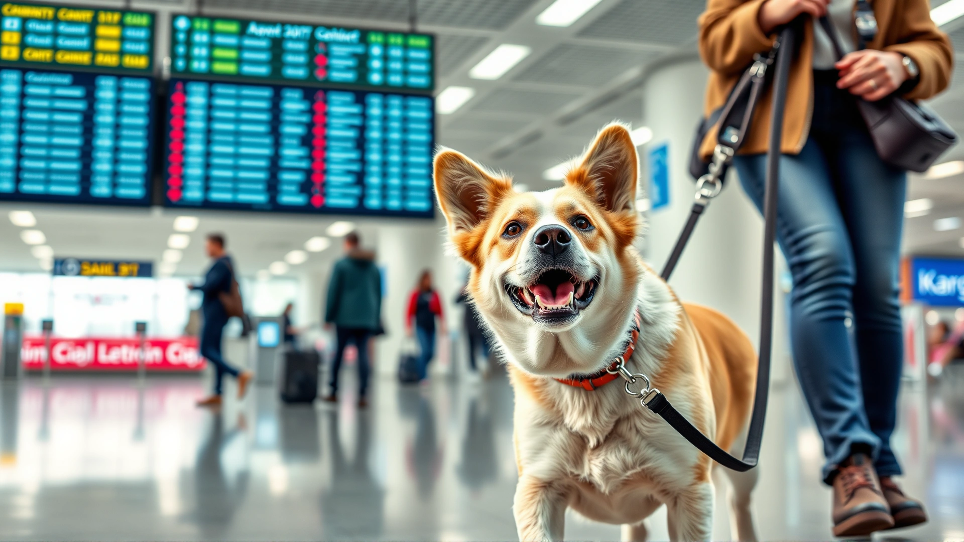 Dog walking confidently with its owner through an airport terminal, leash in hand, departure boards in the background, candid shot, bright lighting