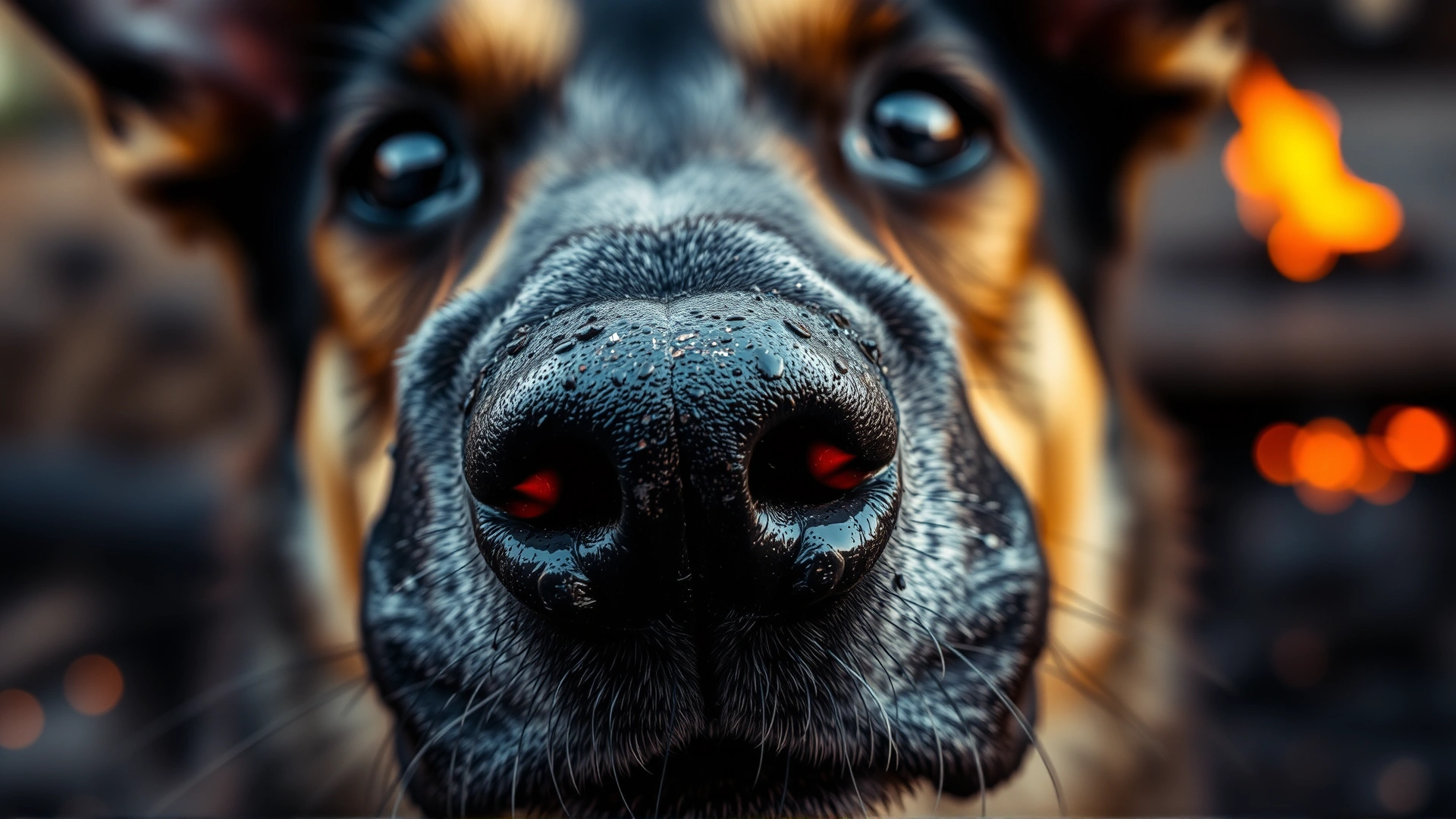 Macro close-up of a dog’s soot-covered nose and whiskers with embers softly glowing in the background to illustrate heat injury.