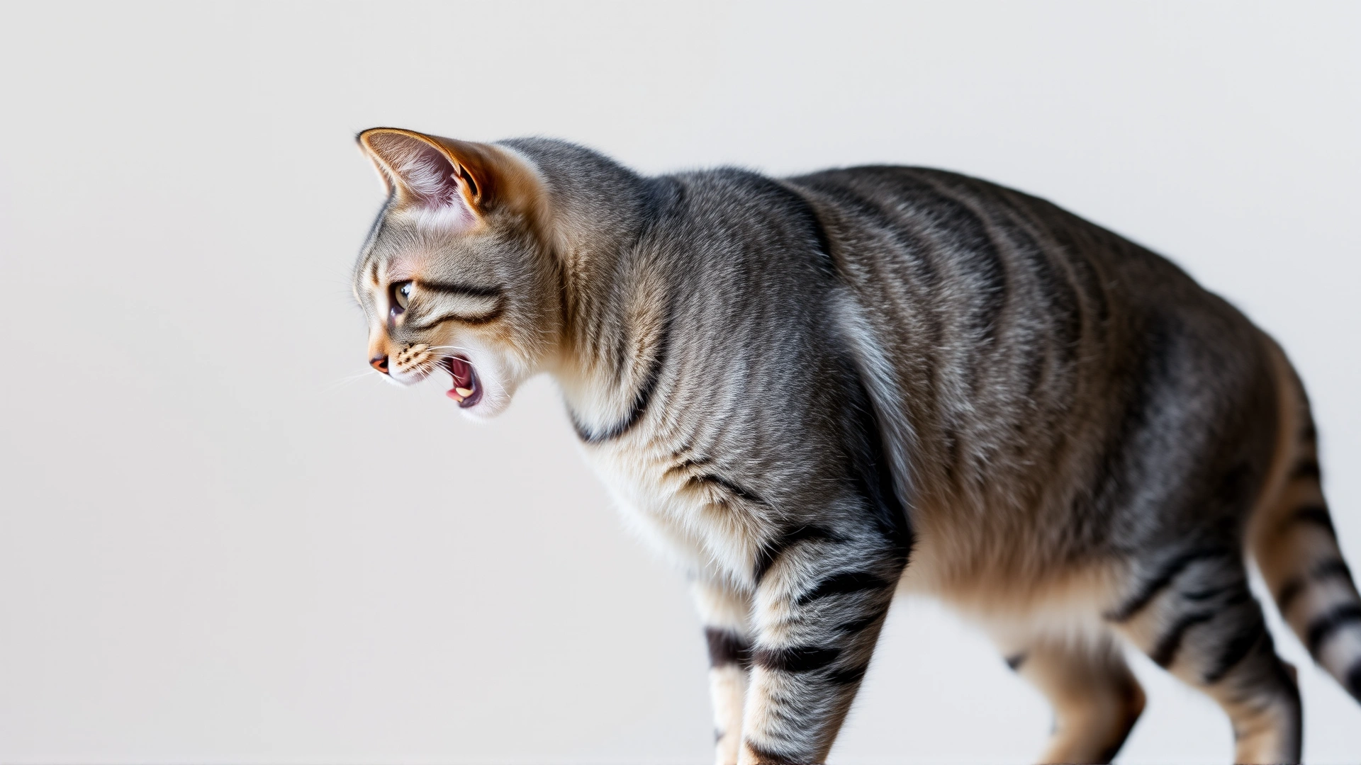 Side profile of a grey tabby cat standing with neck extended and mouth slightly open, appearing to struggle for air, shot on a neutral background with soft lighting.