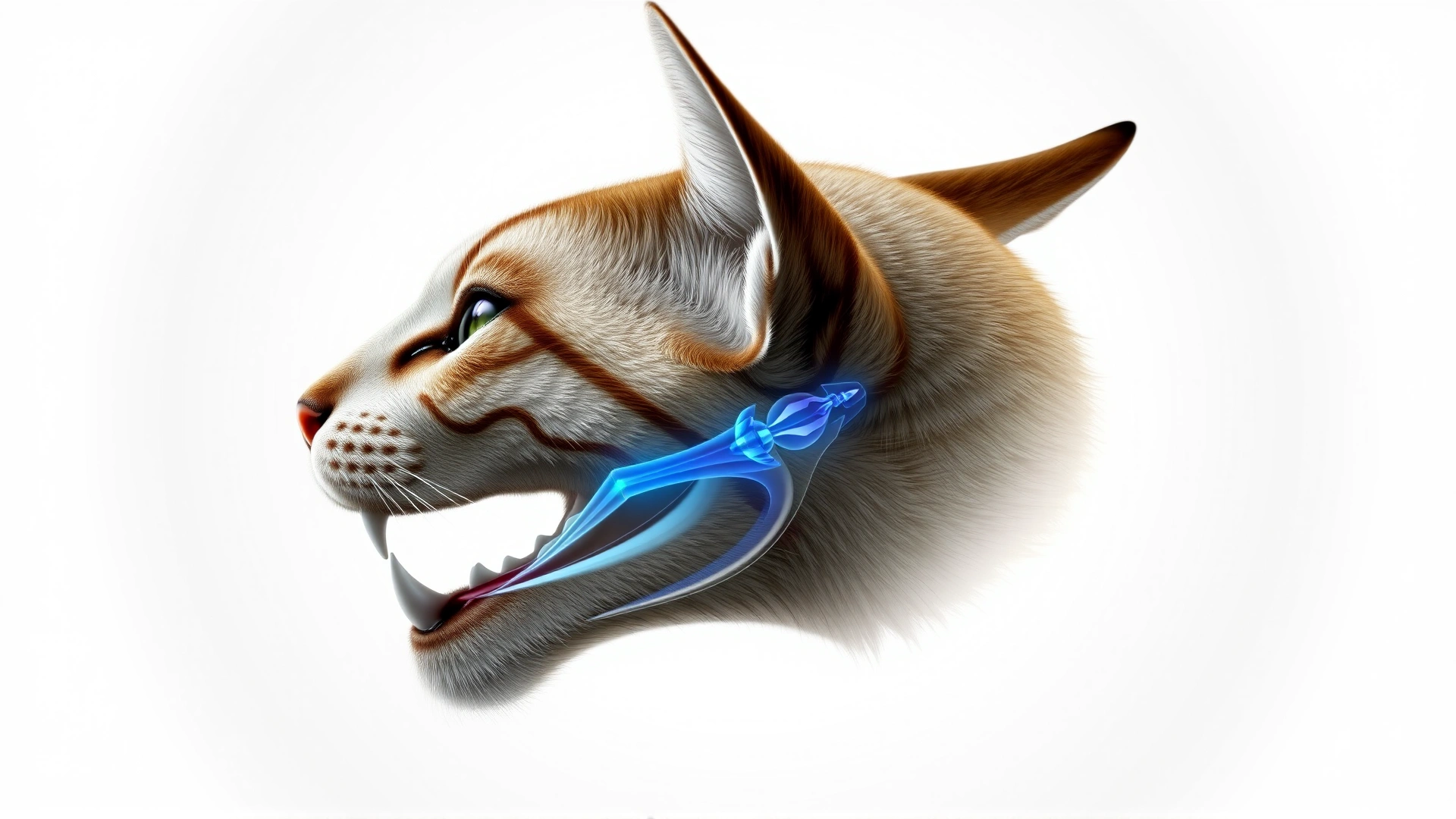 Realistic illustration of a cat head and neck in side profile showing larynx and trachea highlighted in translucent blue, white background, no labels or text