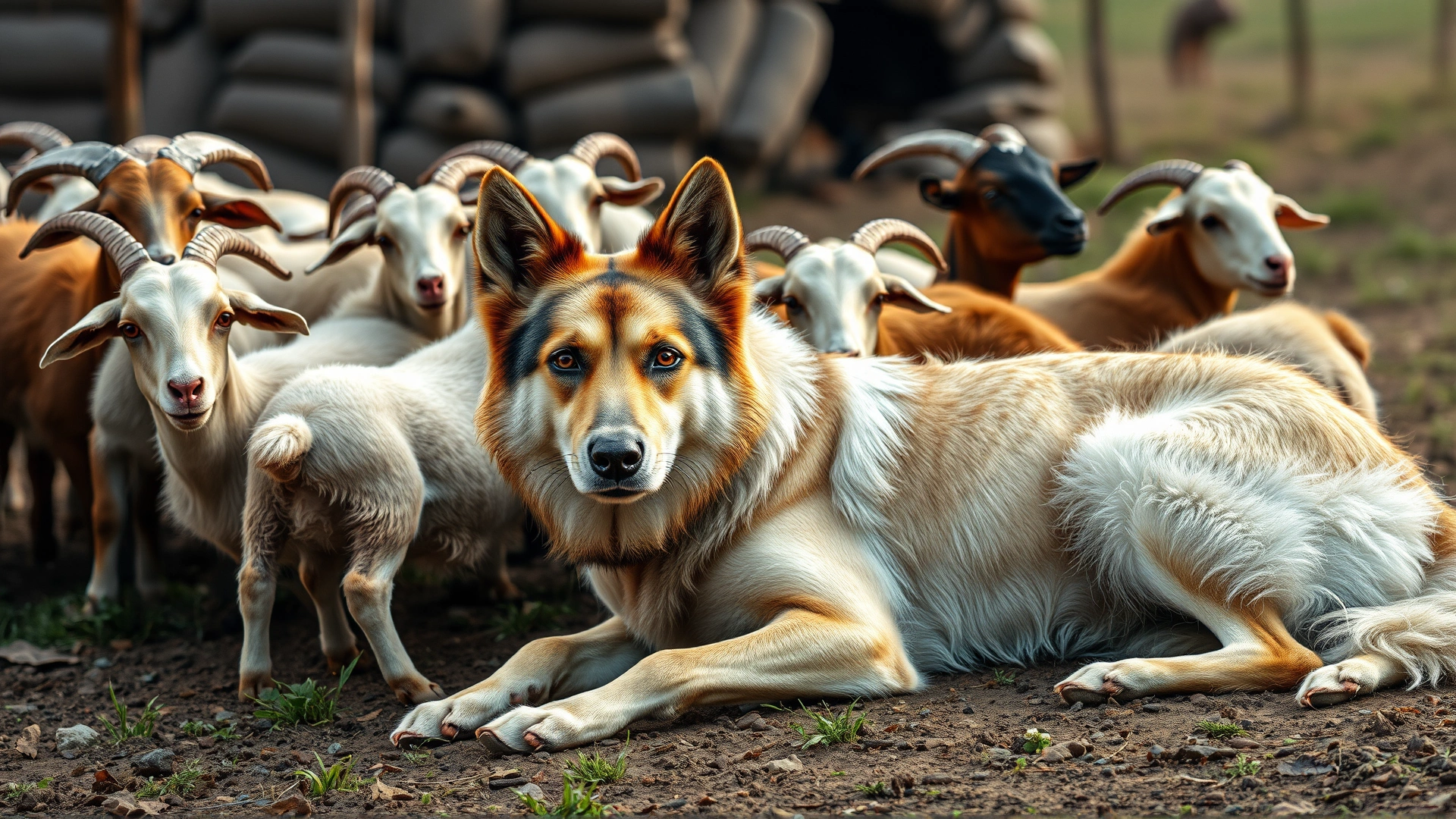 An Akbash dog lying beside a flock of goats in a rural farm setting