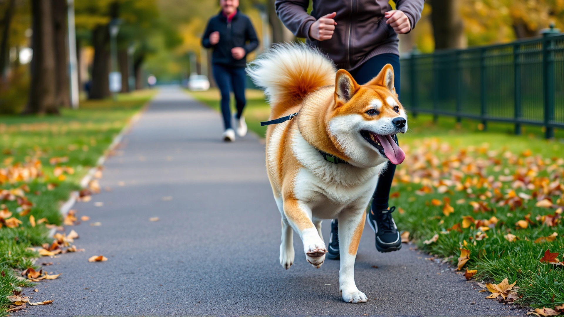 An athletic Akita jogging alongside a smiling person on a park path during autumn, leaves scattered on the ground, no text