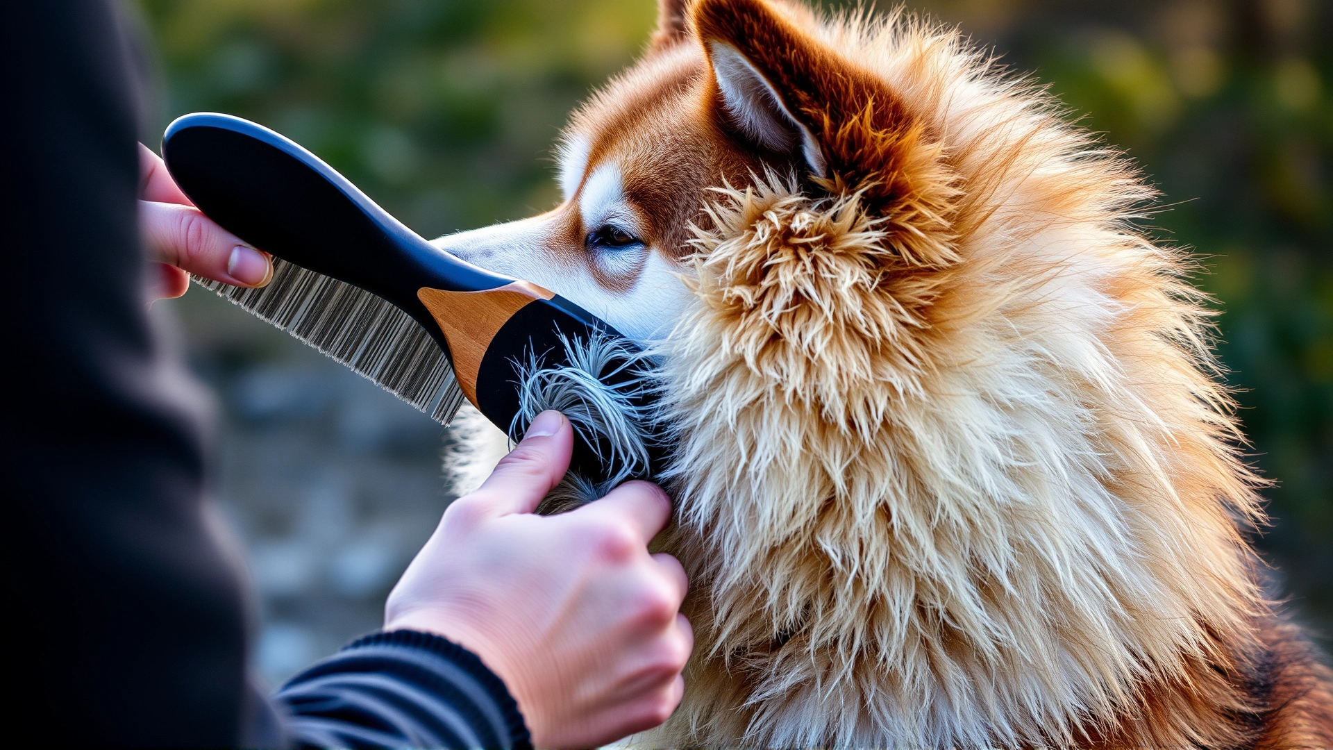A person brushing an Akita’s thick double coat outdoors during shedding season, loose fur visible on the brush, soft natural lighting, no text
