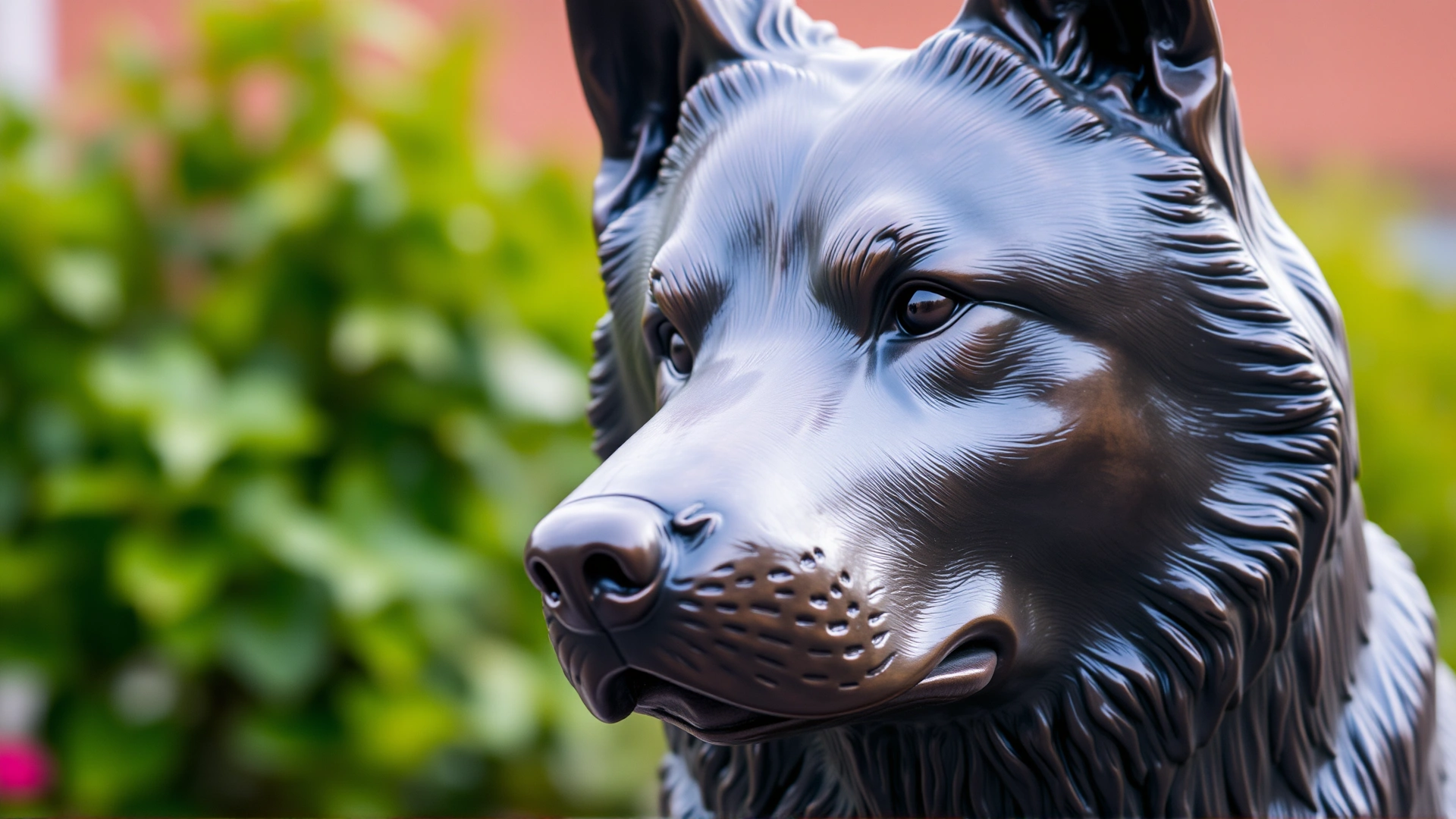 A respectful close-up of a bronze Akita statue representing Hachiko with green foliage softly blurred in the background, no visible text