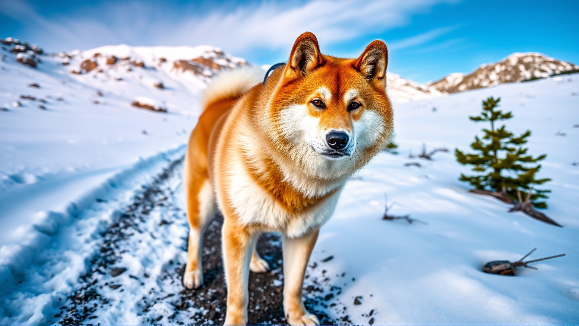 A majestic adult Akita standing on a snow-covered mountain trail with a clear blue sky in the background, head turned slightly toward the camera, no text