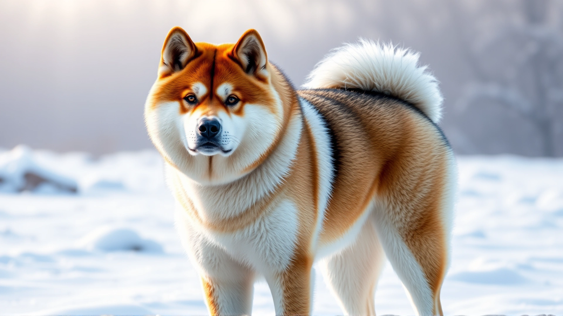 Majestic Akita standing proudly in a snowy landscape, showcasing its thick double coat