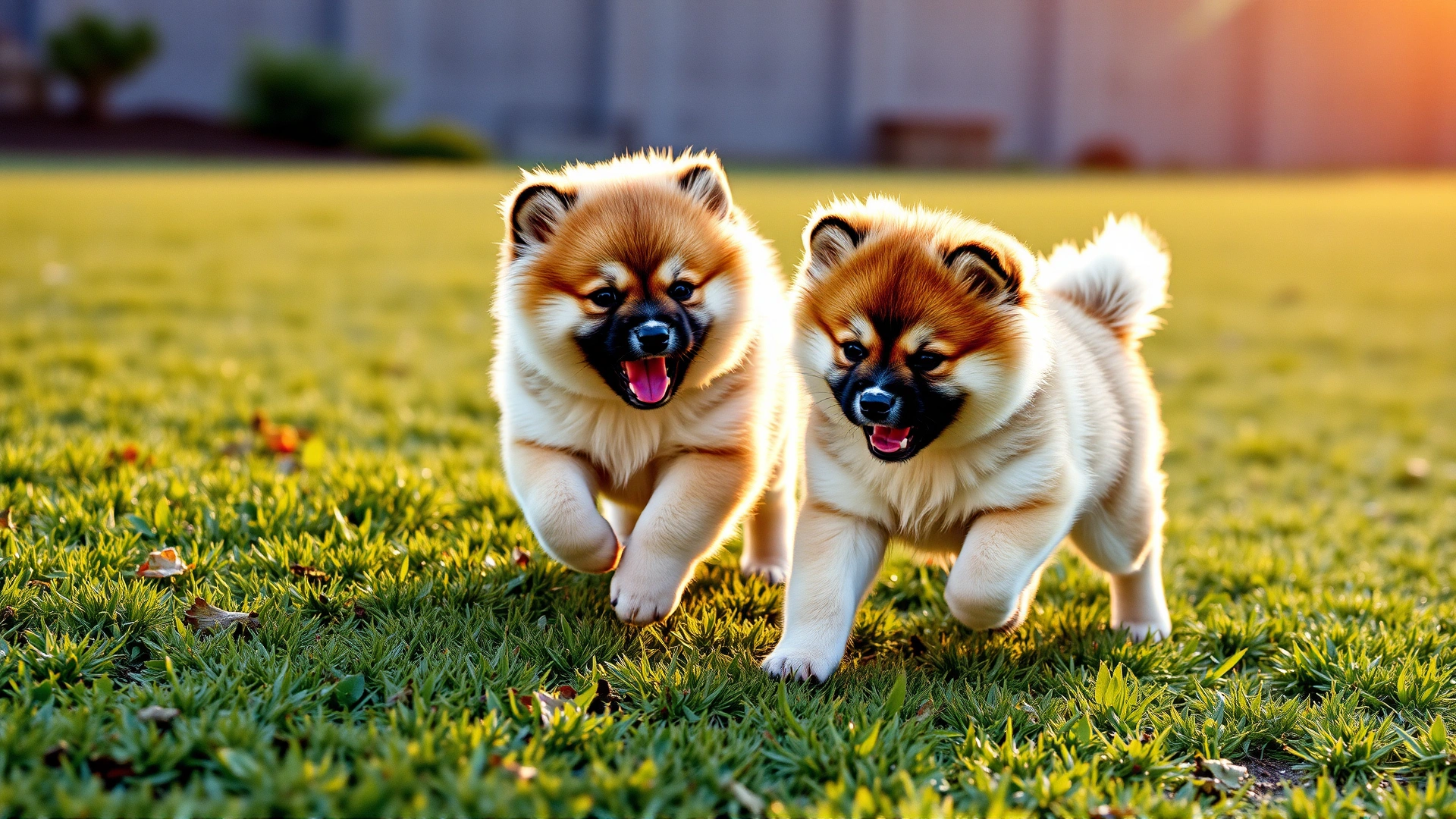 Two fluffy Akita puppies playfully chasing each other on a grassy lawn during golden hour, slight motion blur to show action, no text