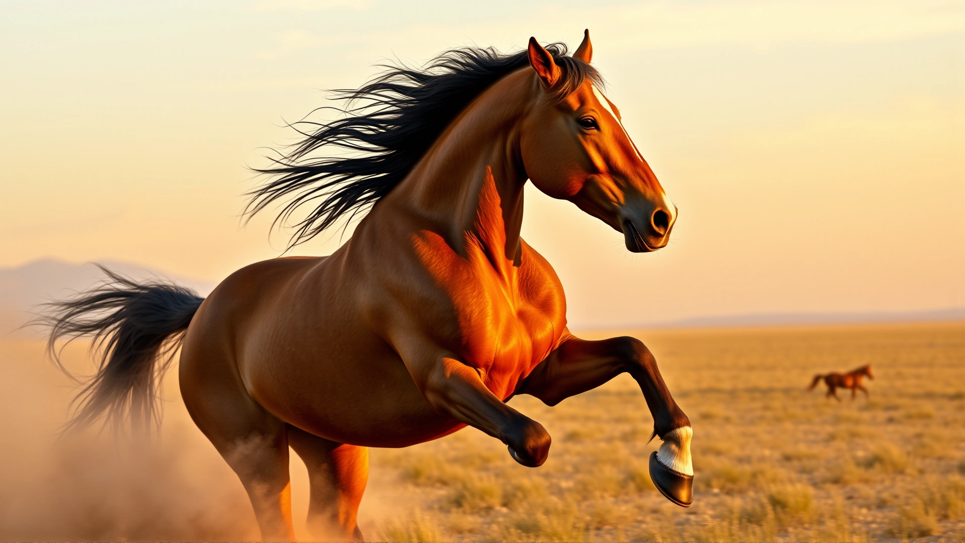 Dynamic side-view photograph of a muscular Albanian horse galloping across an open field during golden hour, dust kicking up behind, vibrant colors