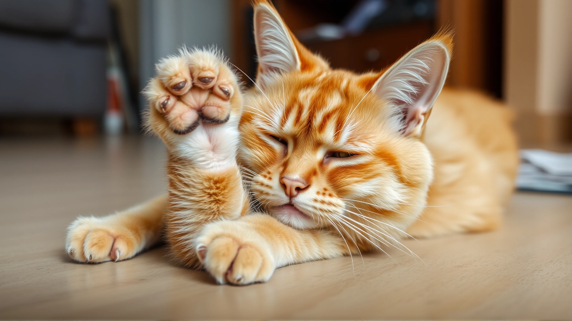 Orange tabby cat lying on the floor exhibiting signs of pain and distress, paw lifted, home interior.