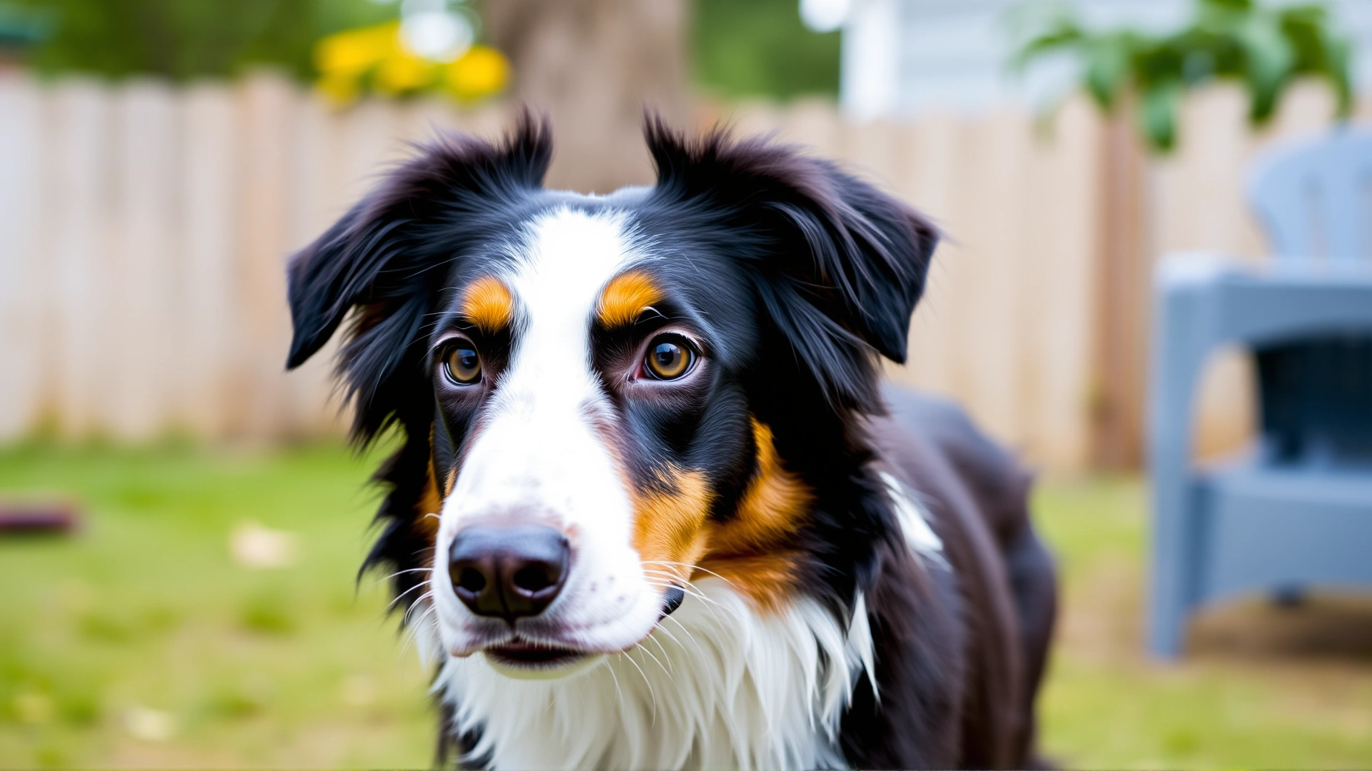 Image of a border collie standing upright with ears forward and eyes focused, indicating alertness, taken in a backyard setting.