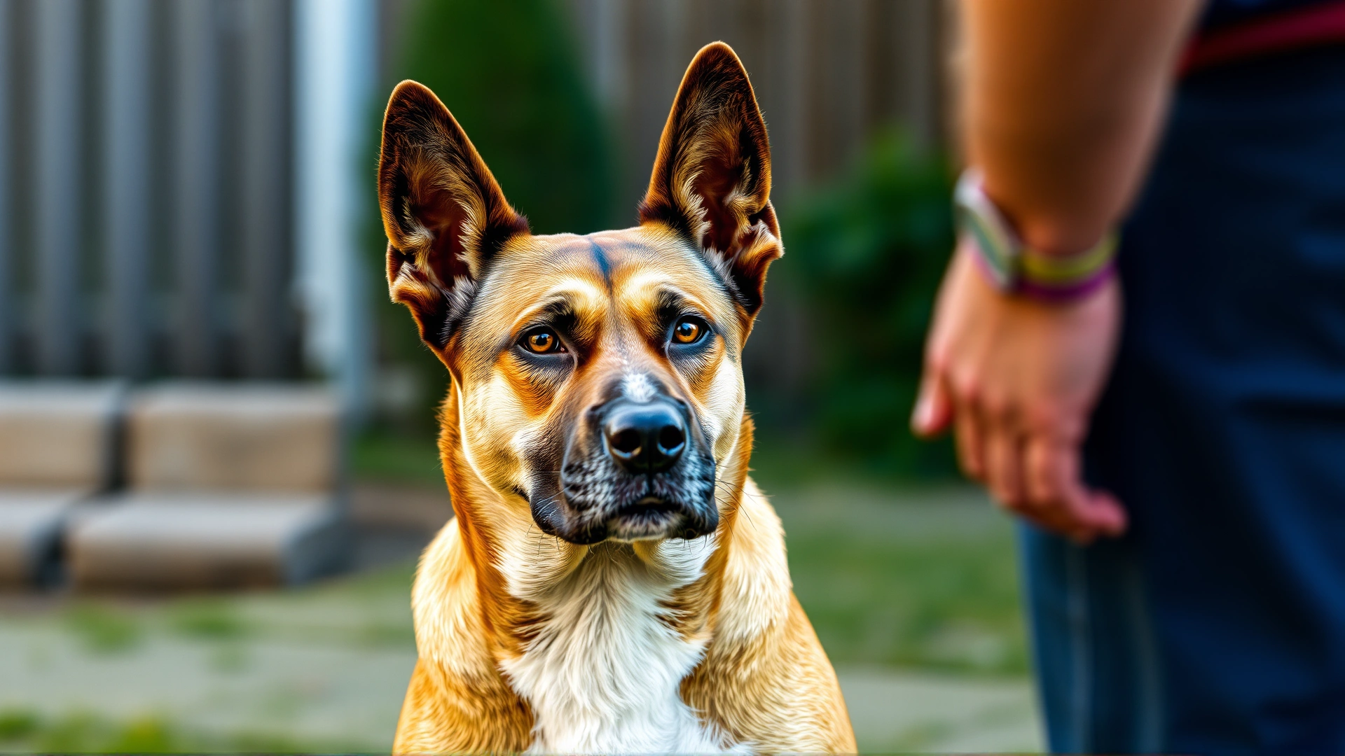 Dog with stiff body posture giving a hard stare at a stranger entering the yard