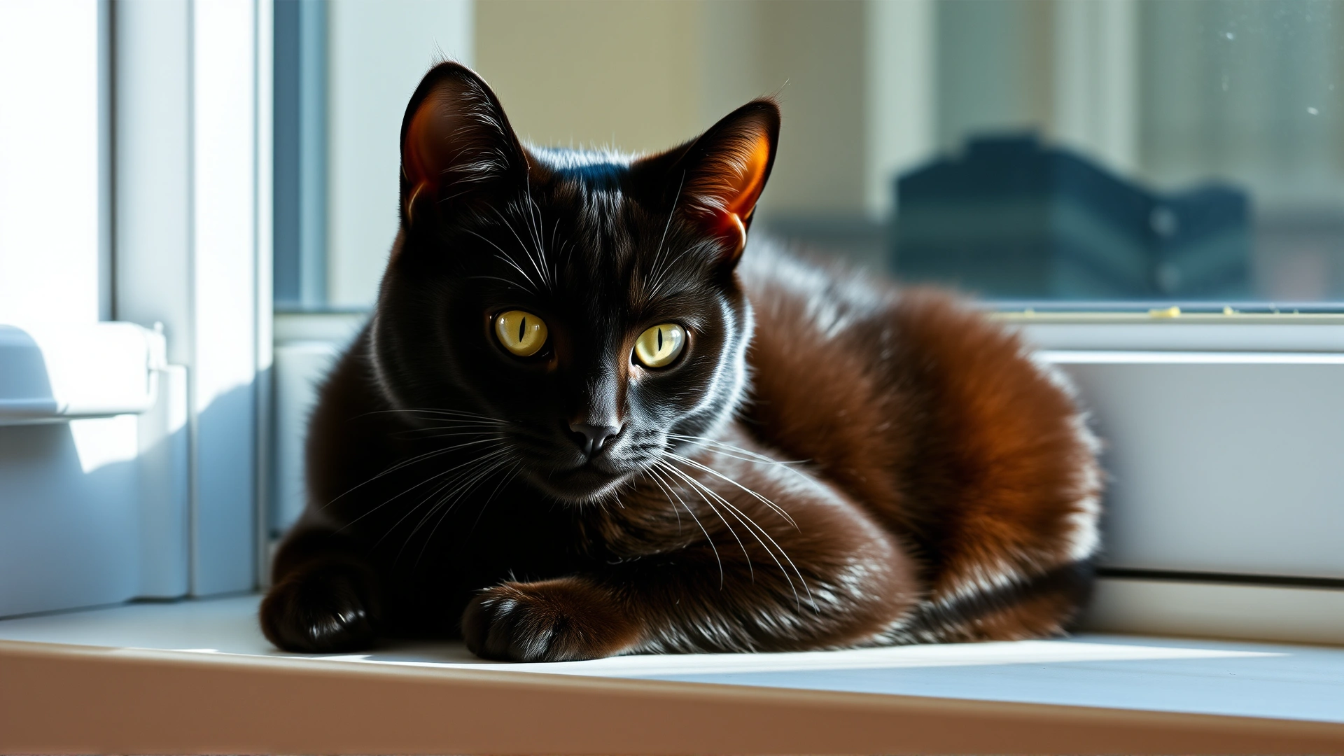 Short-haired black cat in loaf position with ears slightly perked, showing alertness on a windowsill