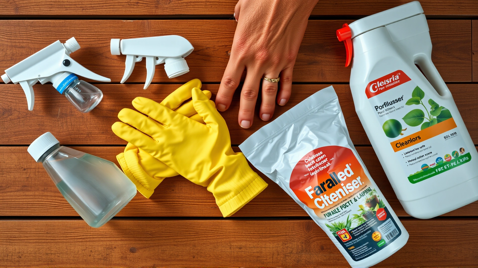 Flat lay of various potential dog skin irritants: cleaning spray bottles, rubber gloves, fertilizer bag and garden pesticide bottle on wooden table, overhead shot
