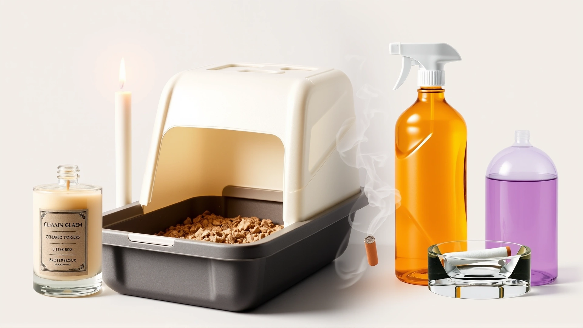 Collage-style scene showing common household asthma triggers for cats: lit scented candle, dusty litter box, cigarette smoke in ashtray, and cleaning spray bottle, arranged on neutral background.