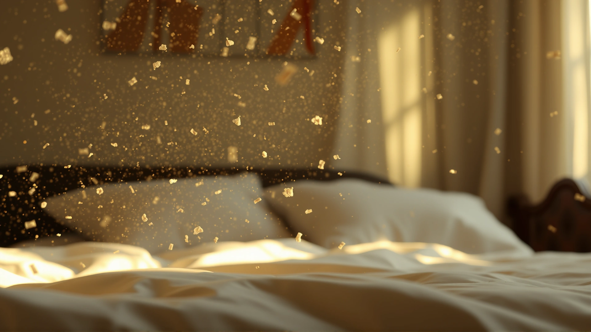 Sunlit particles of pollen and dust floating above bedding in a room, captured with shallow depth of field