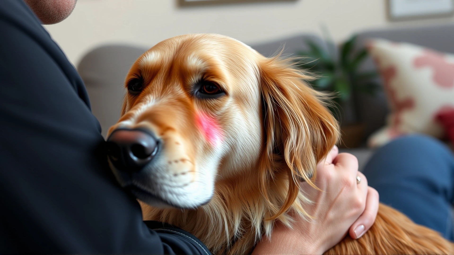High-resolution image of a golden retriever with mild skin redness being comforted by its owner at home, demonstrating allergic dermatitis.