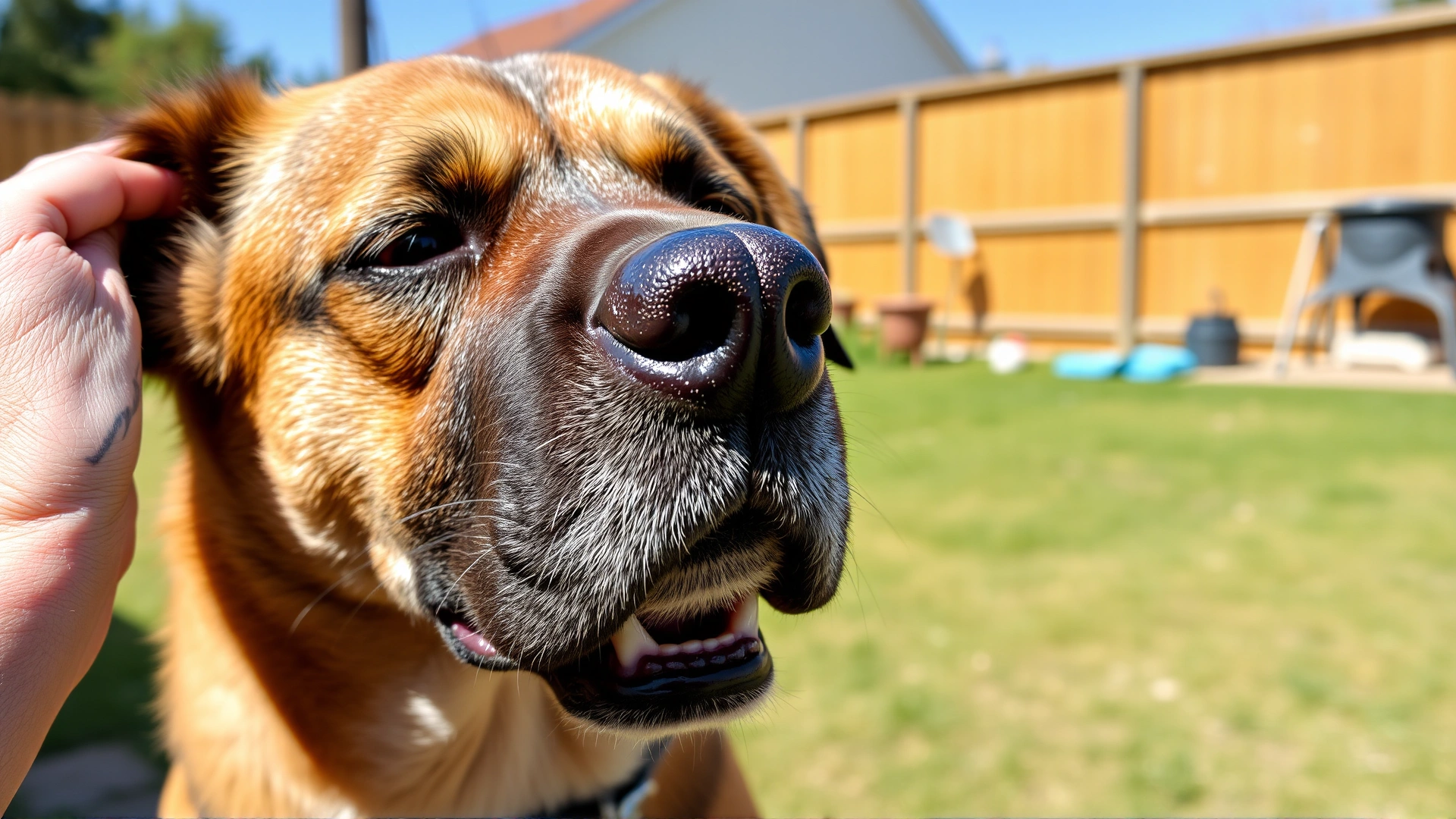 Close-up of a medium-sized mixed-breed dog scratching its ear in a sunny backyard, capturing visible discomfort from allergies.